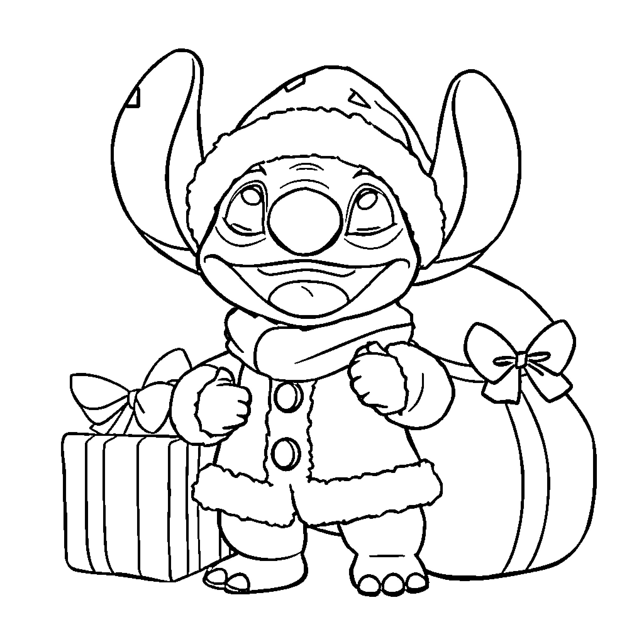 Stitch dressed in Christmas attire with gifts Coloring Page (free black-and-white line drawing printable PDF for all, from beginners to advanced learners, including children, teens, adults, and seniors)