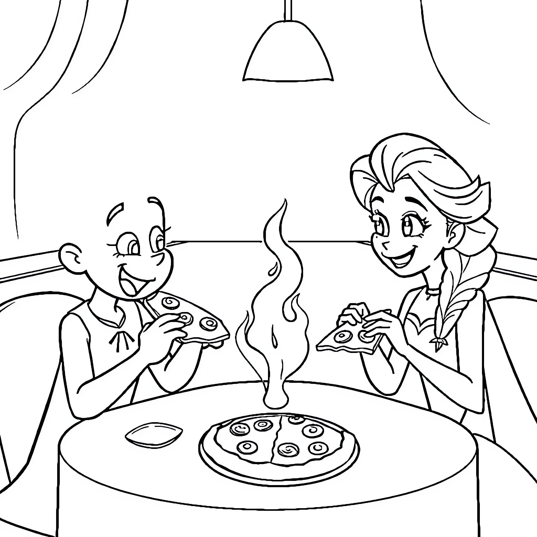 Bluey and friends enjoying pizza together Coloring Page (free black-and-white line drawing printable PDF for all, from beginners to advanced learners, including children, teens, adults, and seniors)