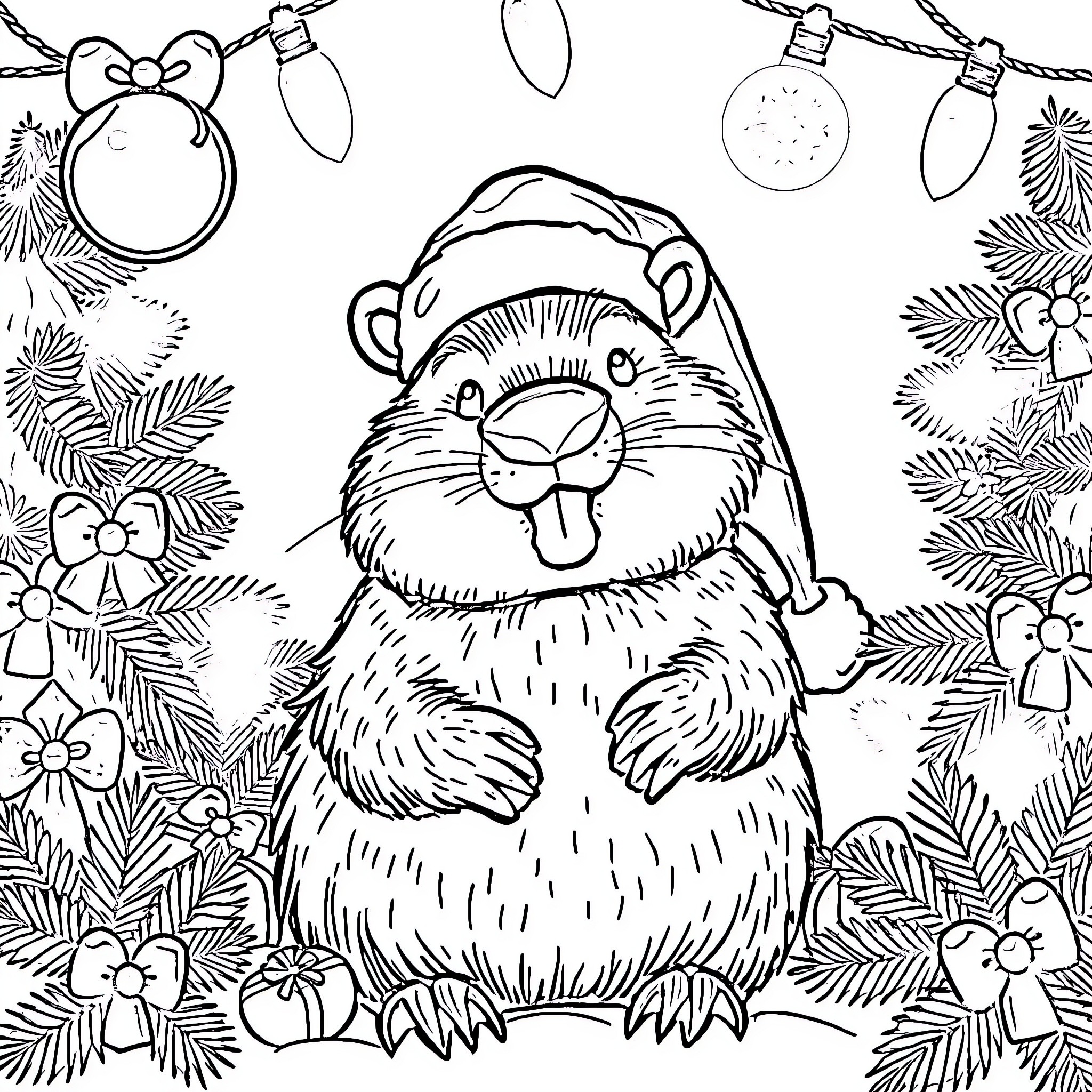 Buc-ee the Friendly Critter Enjoying Holiday Decor Coloring Page (free black-and-white line drawing printable PDF for all, from beginners to advanced learners, including children, teens, adults, and seniors)