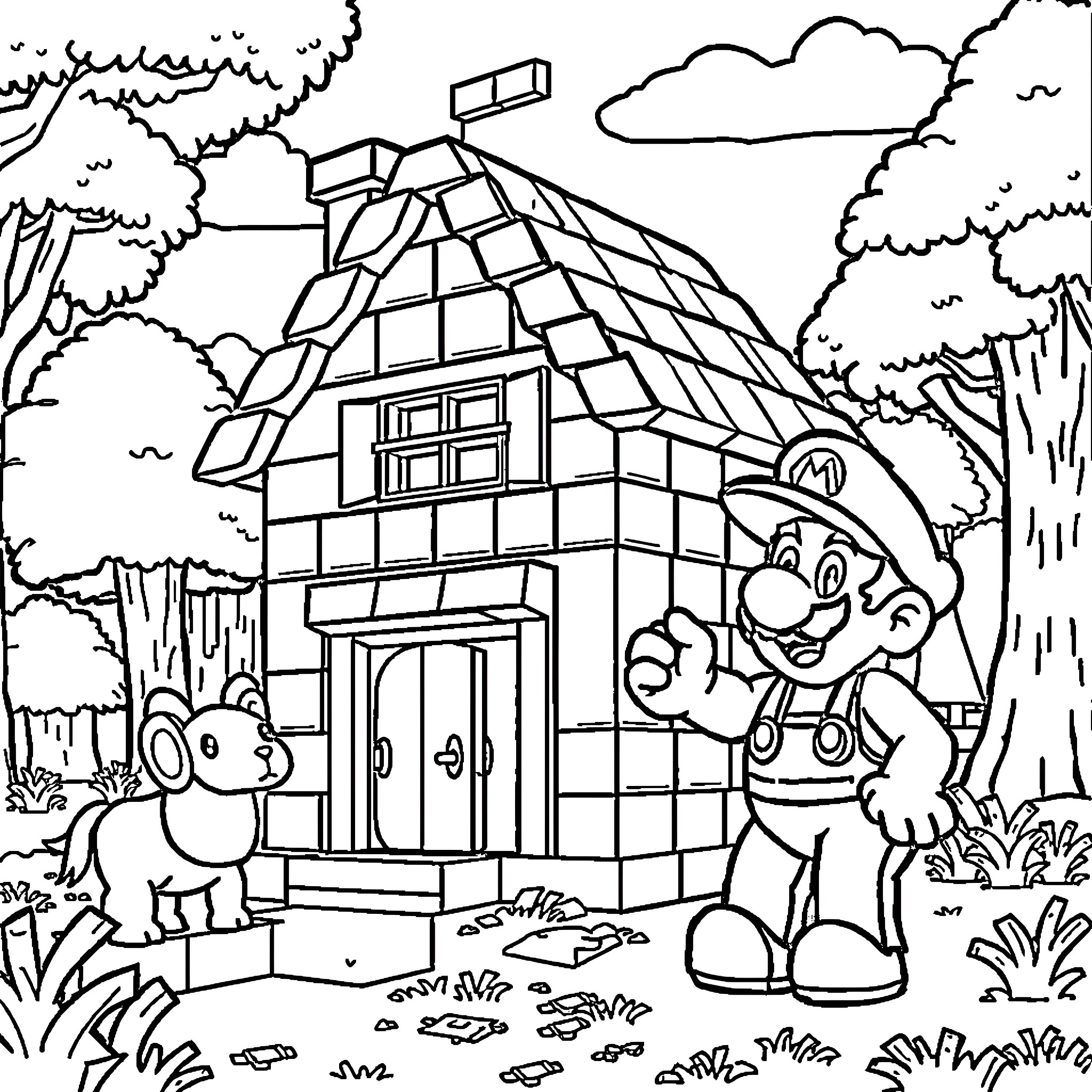 Mario Exploring a Whimsical Cartoon World Coloring Page (free black-and-white line drawing printable PDF for all, from beginners to advanced learners, including children, teens, adults, and seniors)