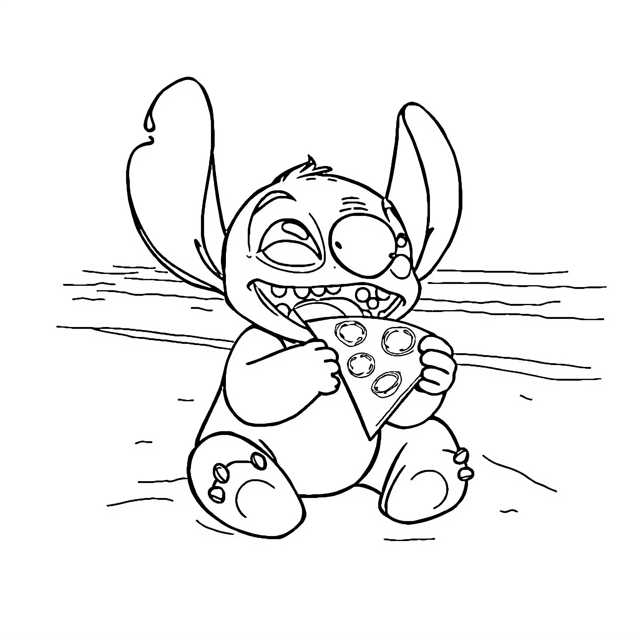 Stitch playing with colorful pebbles on the ground Coloring Page (free black-and-white line drawing printable PDF for all, from beginners to advanced learners, including children, teens, adults, and seniors)