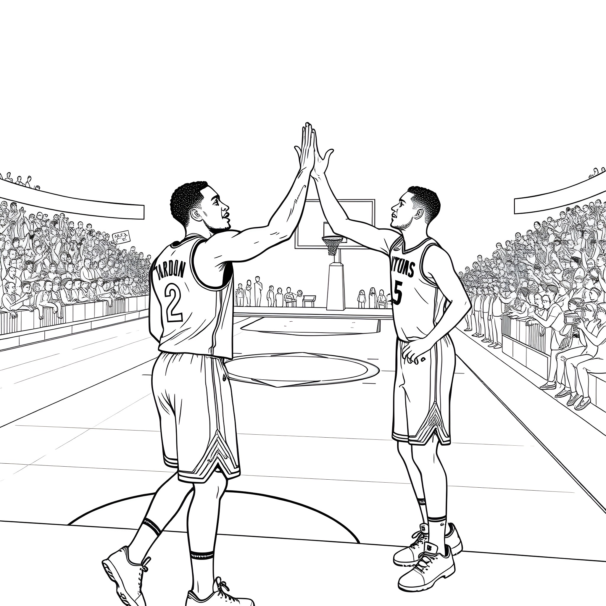 Jordan's Teamwork and Celebration on the Basketball Court Coloring Page (free black-and-white line drawing printable PDF for all, from beginners to advanced learners, including children, teens, adults, and seniors)