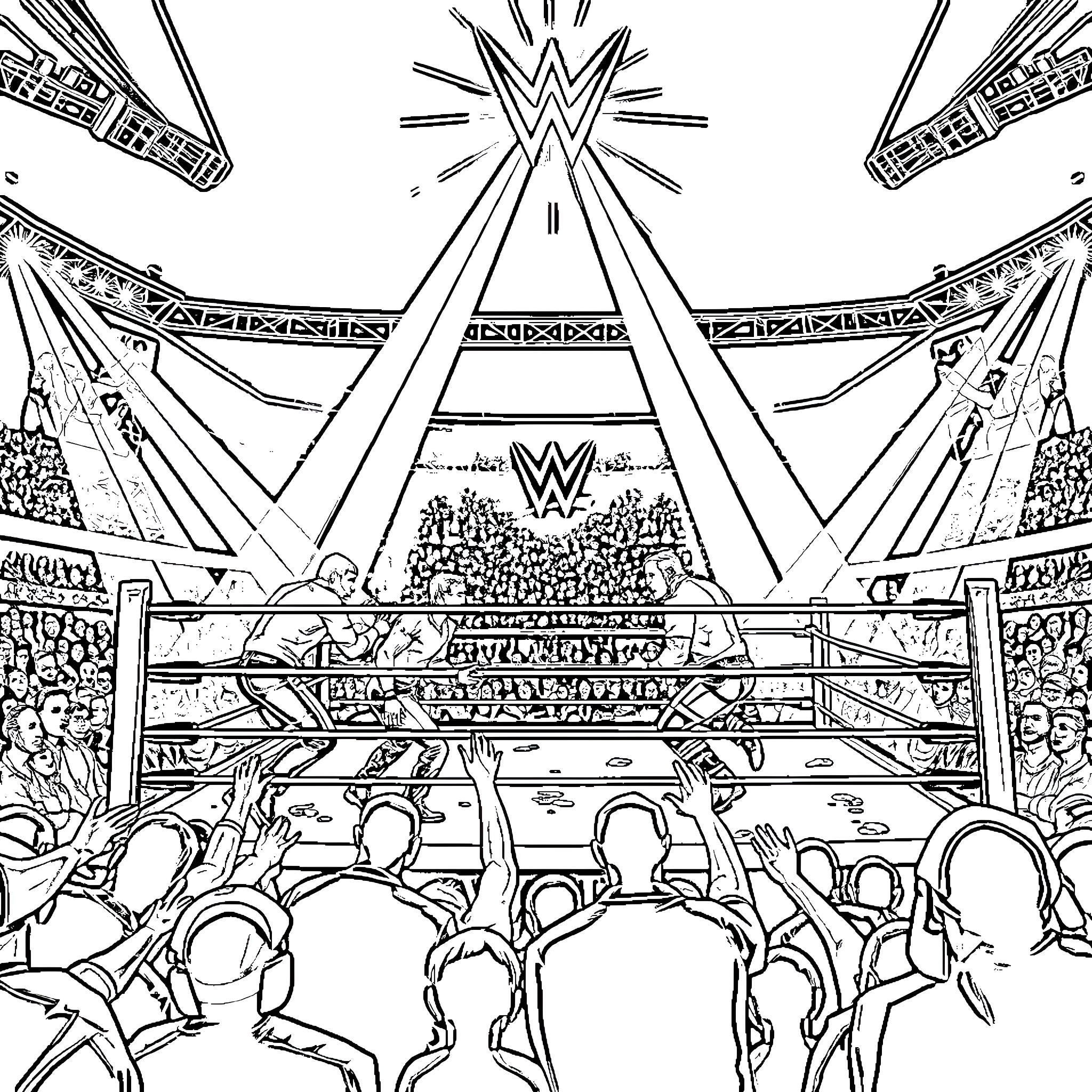 WWE Wrestlers in an Intense Stadium Showdown Coloring Page (free black-and-white line drawing printable PDF for all, from beginners to advanced learners, including children, teens, adults, and seniors)