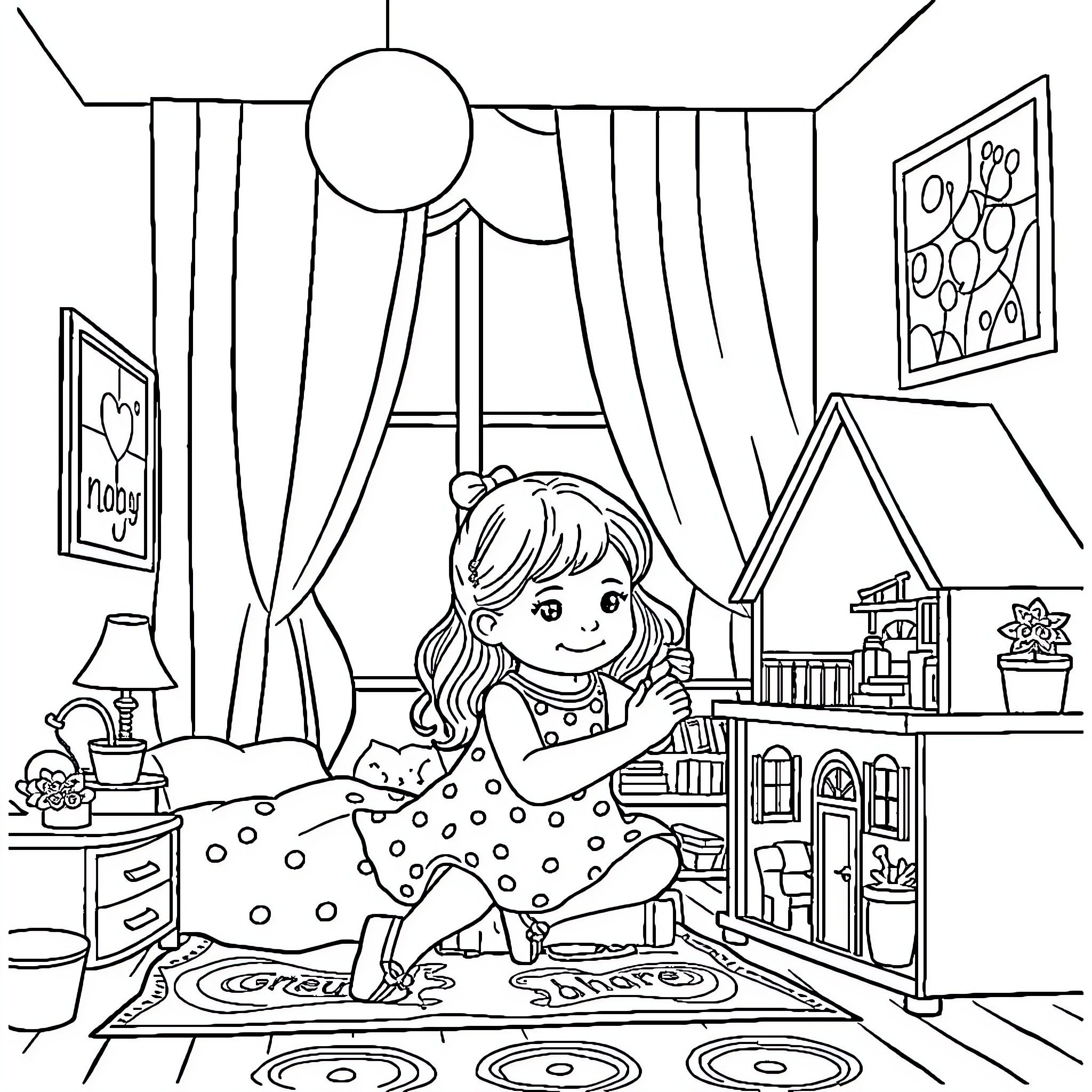 Gaby's Cozy Bedroom Adventure Coloring Page (free black-and-white line drawing printable PDF for all, from beginners to advanced learners, including children, teens, adults, and seniors)
