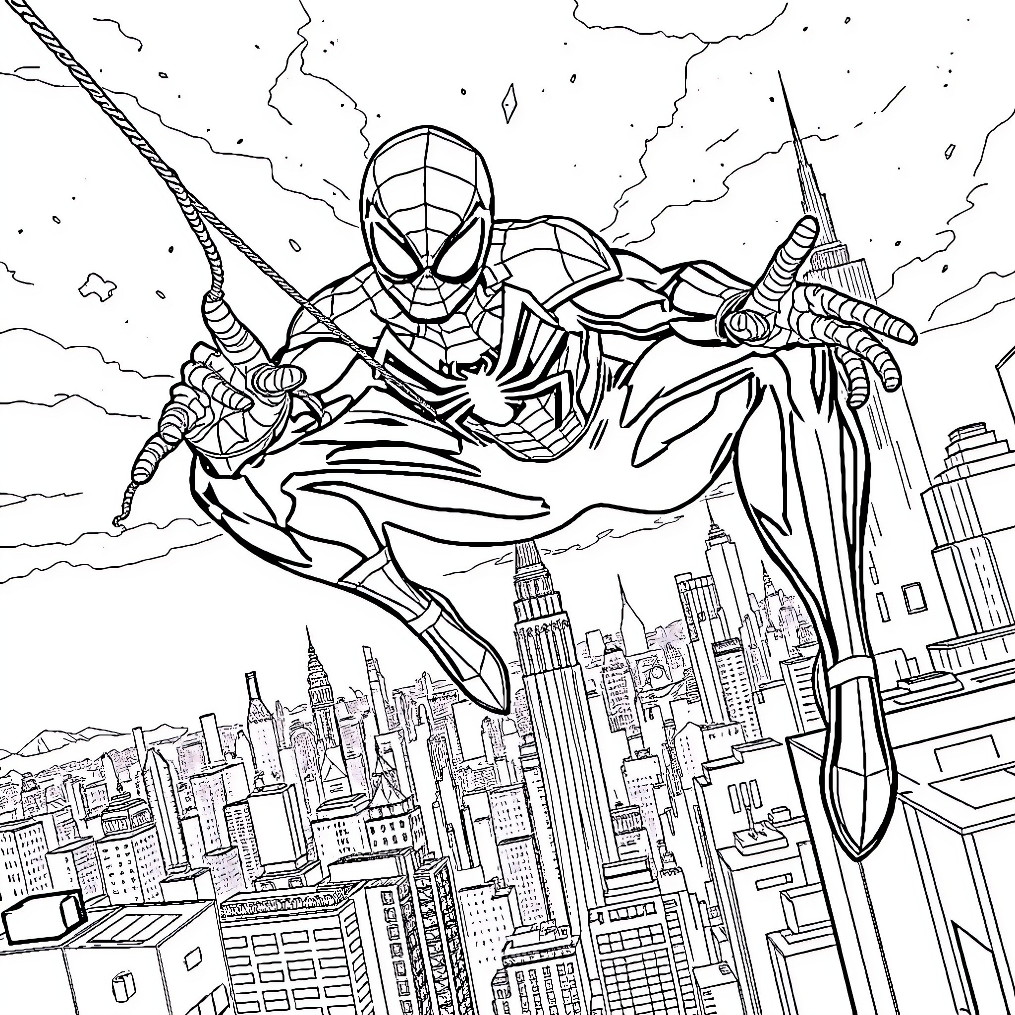 Spider-Man Swinging Through the City Skyline Coloring Page (free black-and-white line drawing printable PDF for all, from beginners to advanced learners, including children, teens, adults, and seniors)