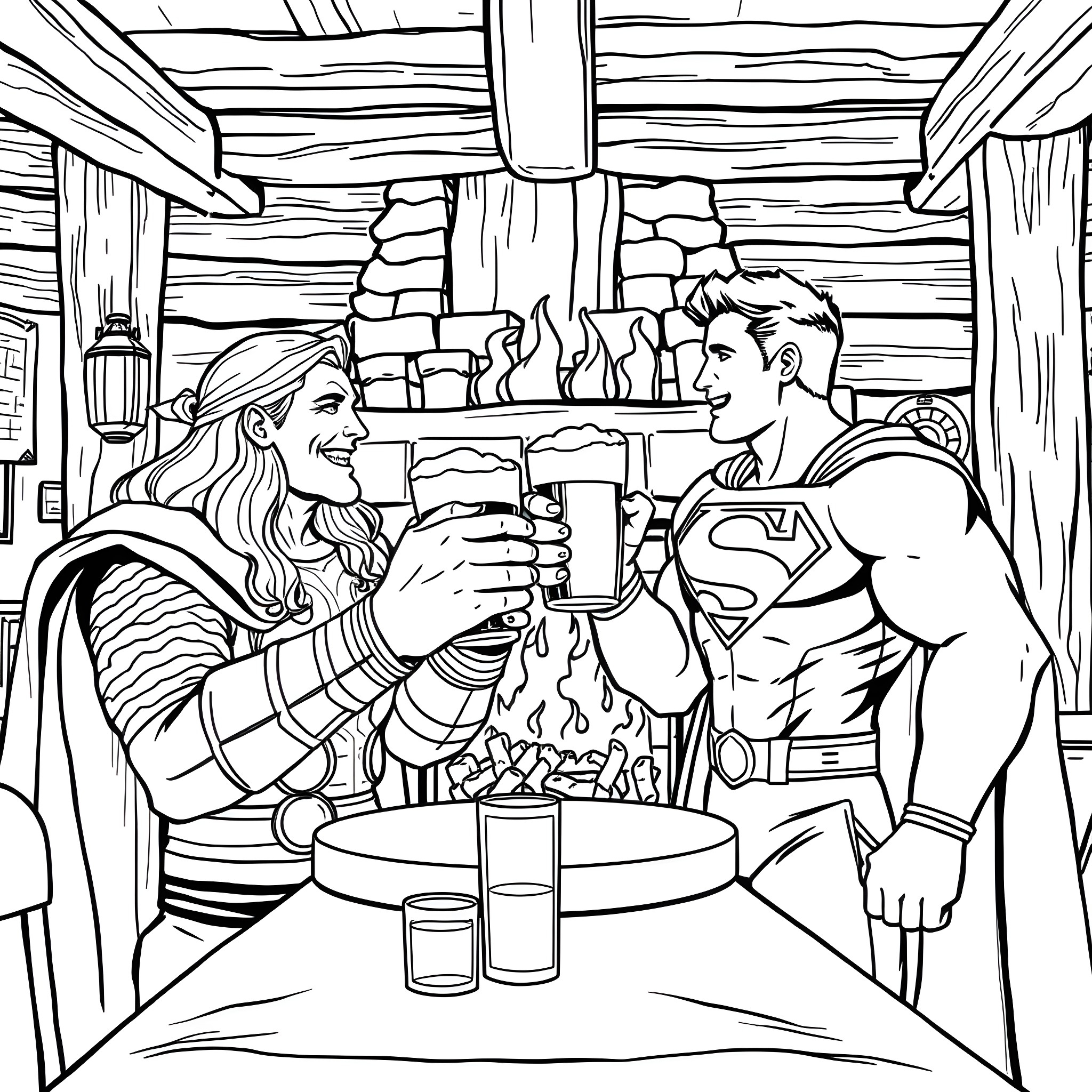 Thor Enjoying a Drink with a Friend Coloring Page (free black-and-white line drawing printable PDF for all, from beginners to advanced learners, including children, teens, adults, and seniors)