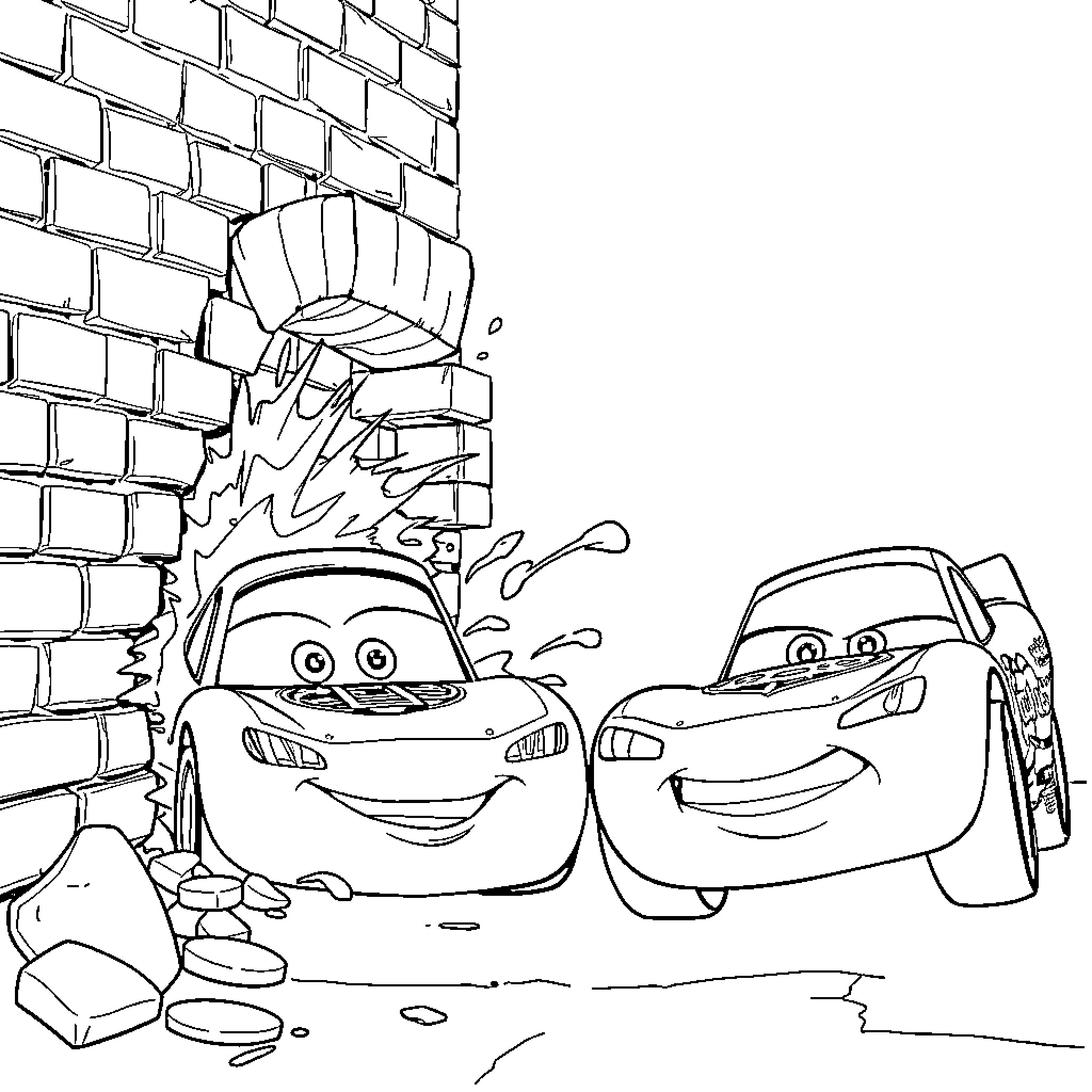 Lightning McQueen crashes through brick wall Coloring Page (free black-and-white line drawing printable PDF for all, from beginners to advanced learners, including children, teens, adults, and seniors)