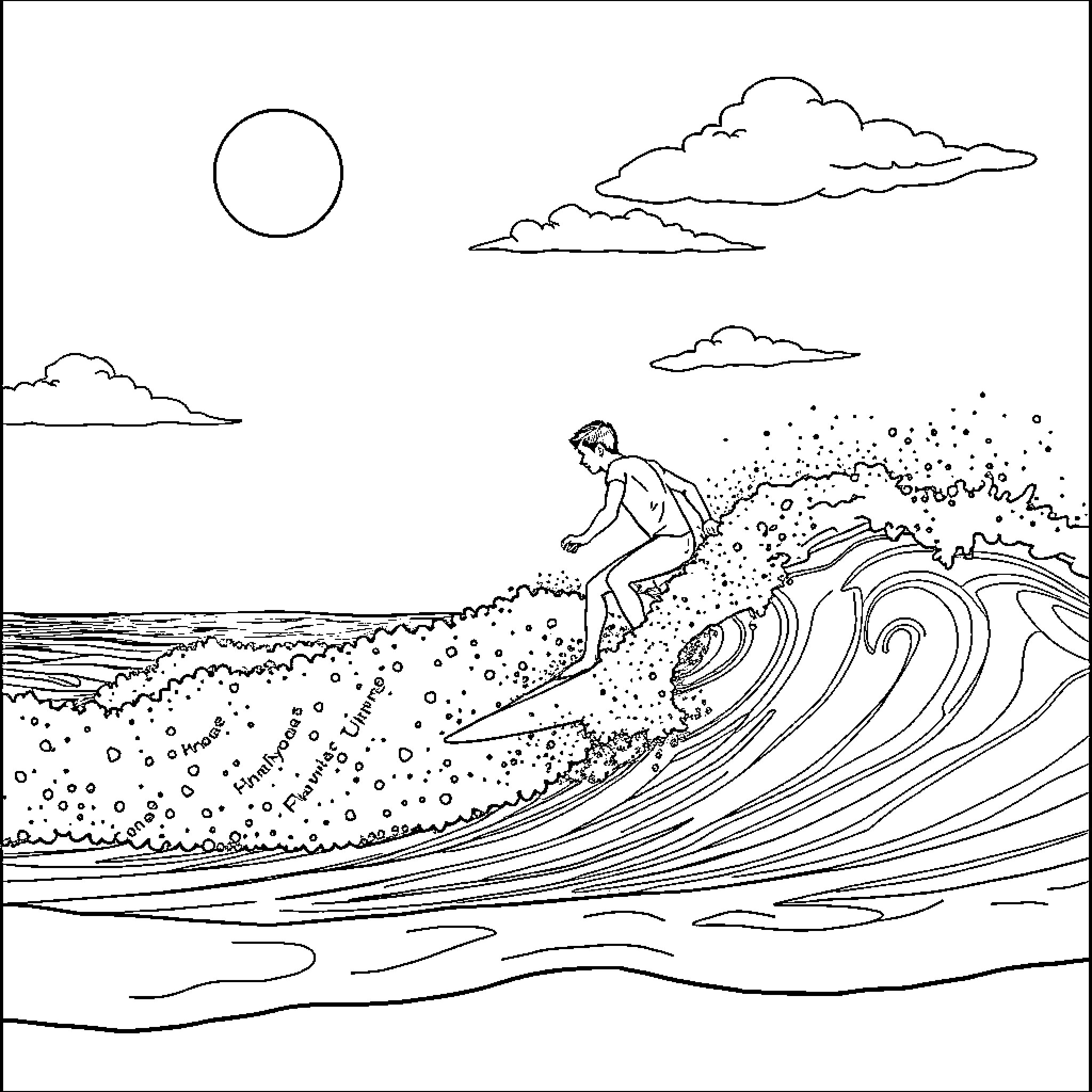 Surfer riding massive wave in ocean landscape Coloring Page (free black-and-white line drawing printable PDF for all, from beginners to advanced learners, including children, teens, adults, and seniors)