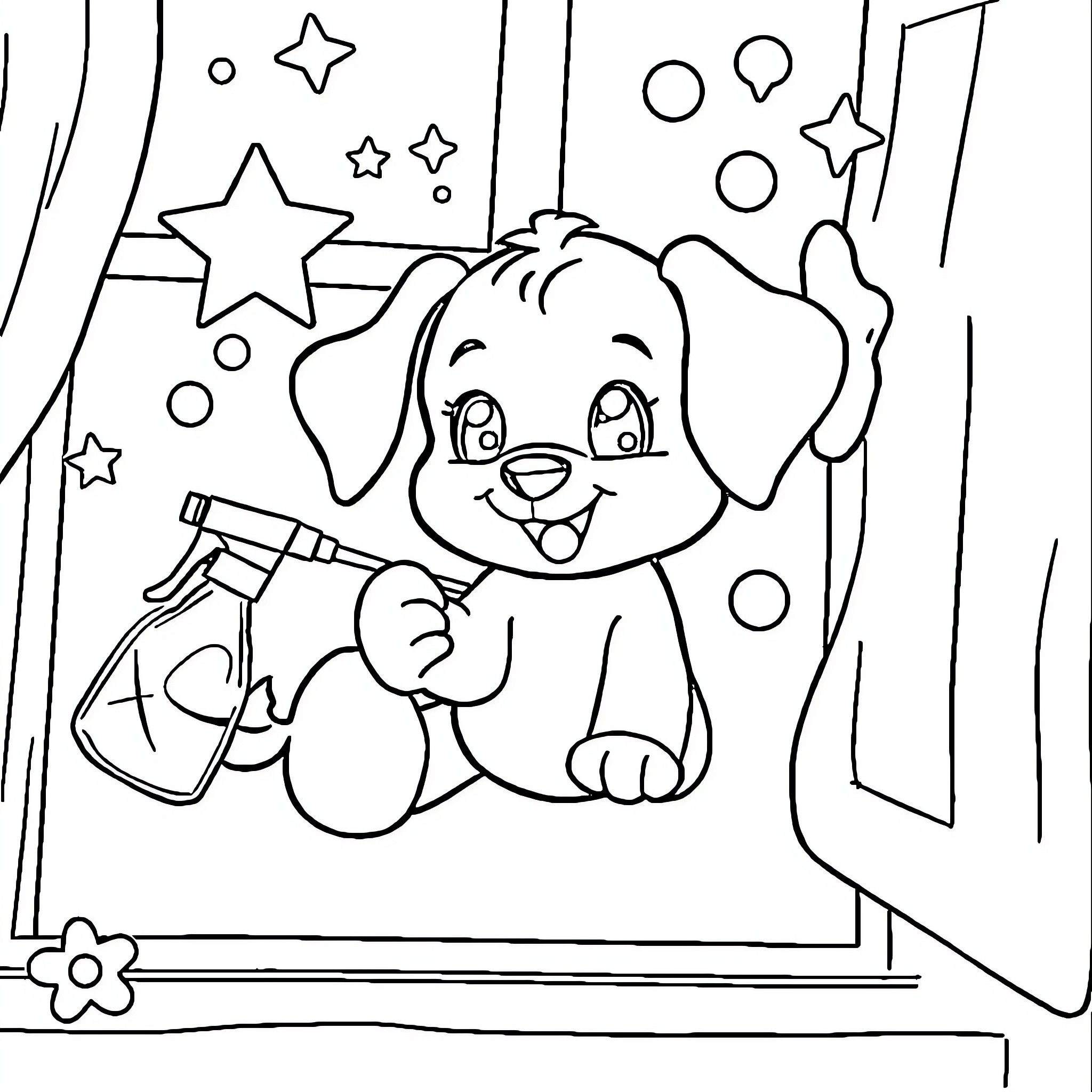 Puppy playing with spray bottle and stars Coloring Page (free black-and-white line drawing printable PDF for all, from beginners to advanced learners, including children, teens, adults, and seniors)