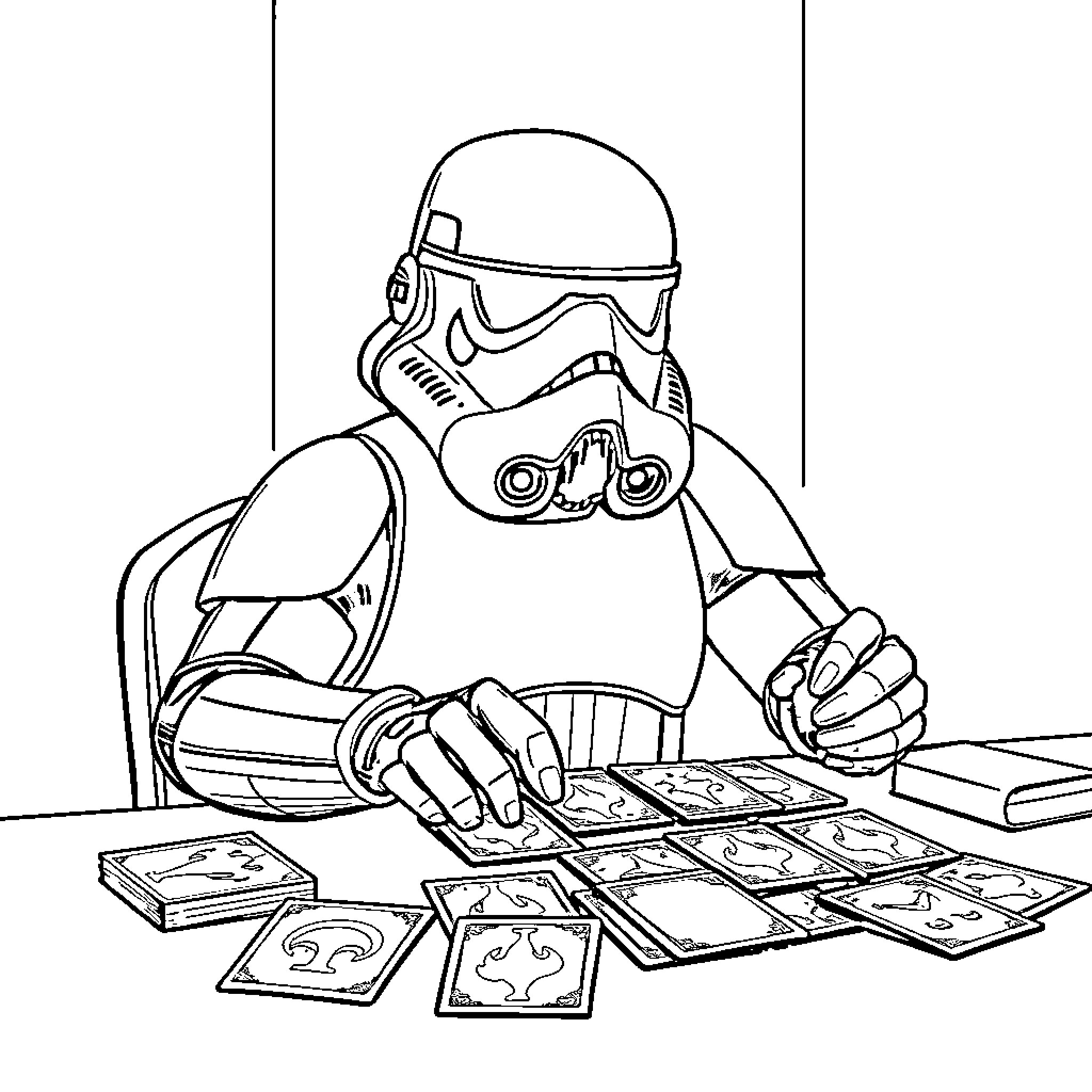 Stormtrooper playing strategy game with cards Coloring Page (free black-and-white line drawing printable PDF for all, from beginners to advanced learners, including children, teens, adults, and seniors)