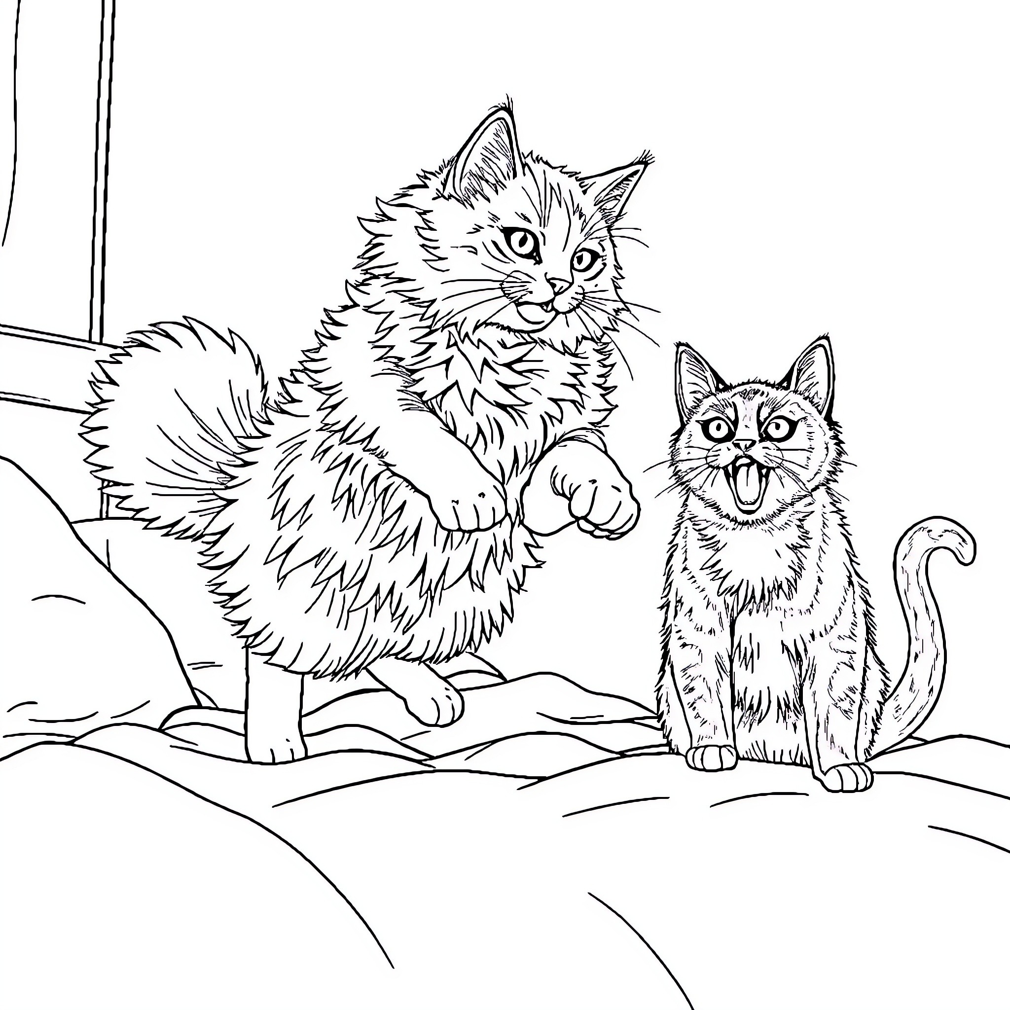 Cat companions in the wilderness Coloring Page (free black-and-white line drawing printable PDF for all, from beginners to advanced learners, including children, teens, adults, and seniors)