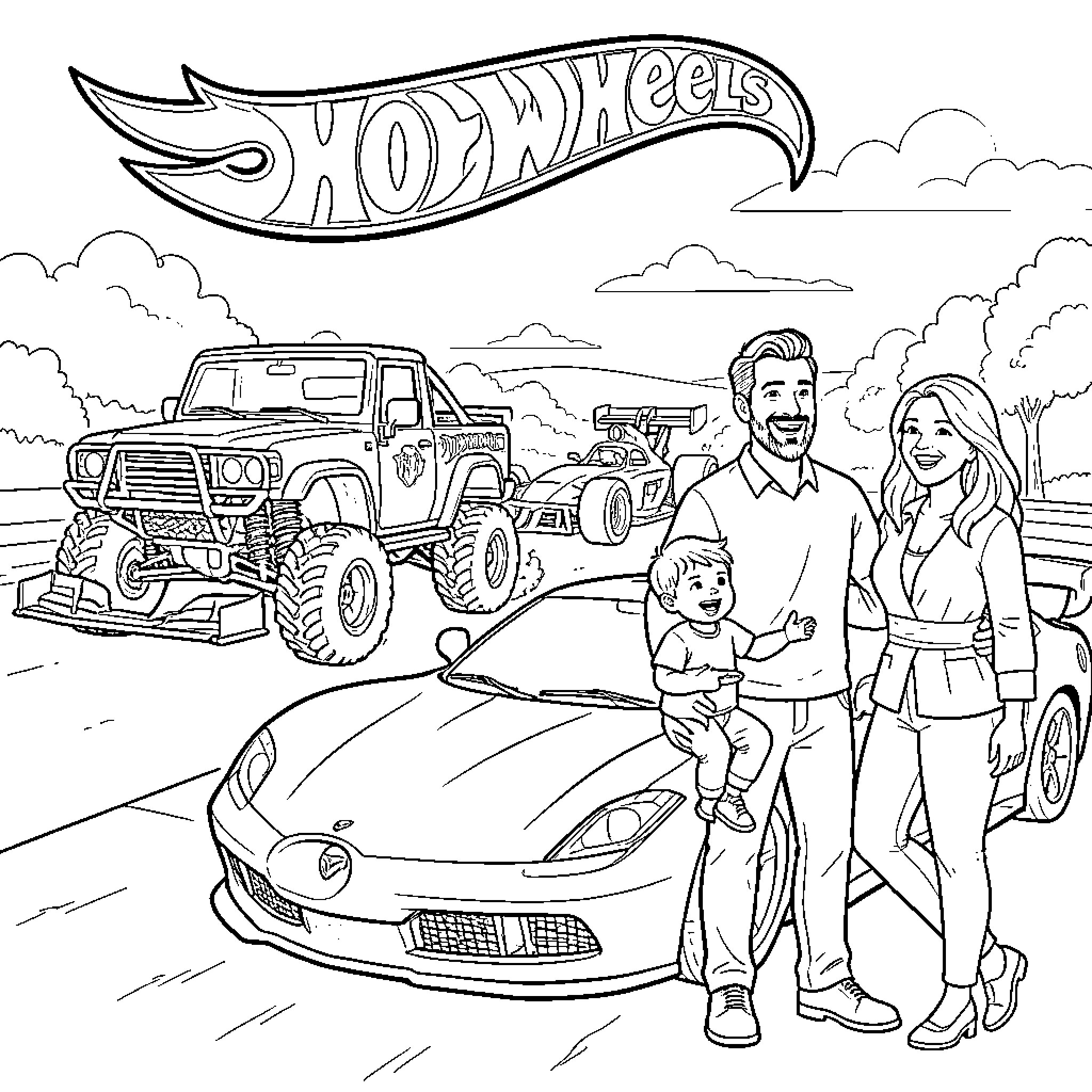 Hot Wheels family enjoying outdoor adventure Coloring Page (free black-and-white line drawing printable PDF for all, from beginners to advanced learners, including children, teens, adults, and seniors)