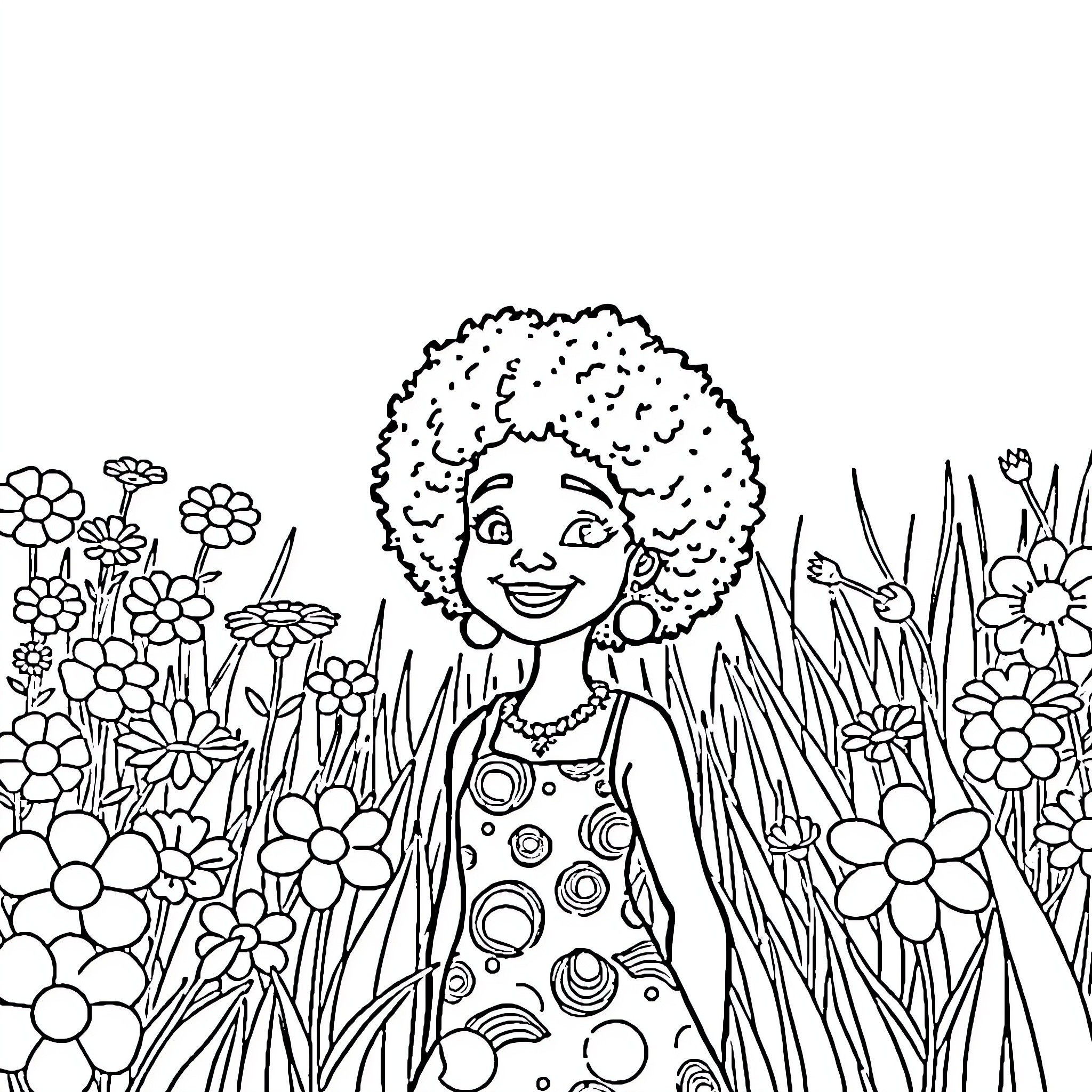 Earth Girl exploring a vibrant floral landscape Coloring Page (free black-and-white line drawing printable PDF for all, from beginners to advanced learners, including children, teens, adults, and seniors)