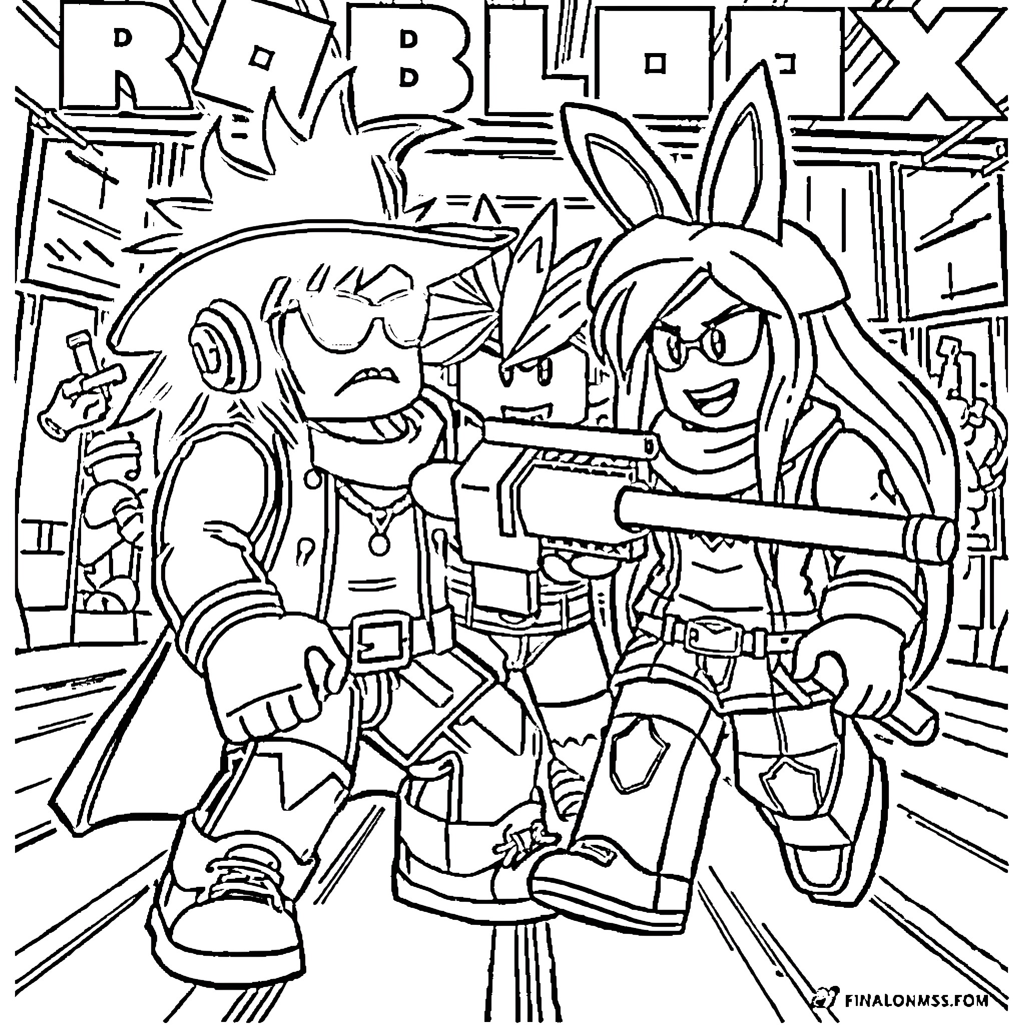 Roblox characters in an action-packed scene Coloring Page (free black-and-white line drawing printable PDF for all, from beginners to advanced learners, including children, teens, adults, and seniors)