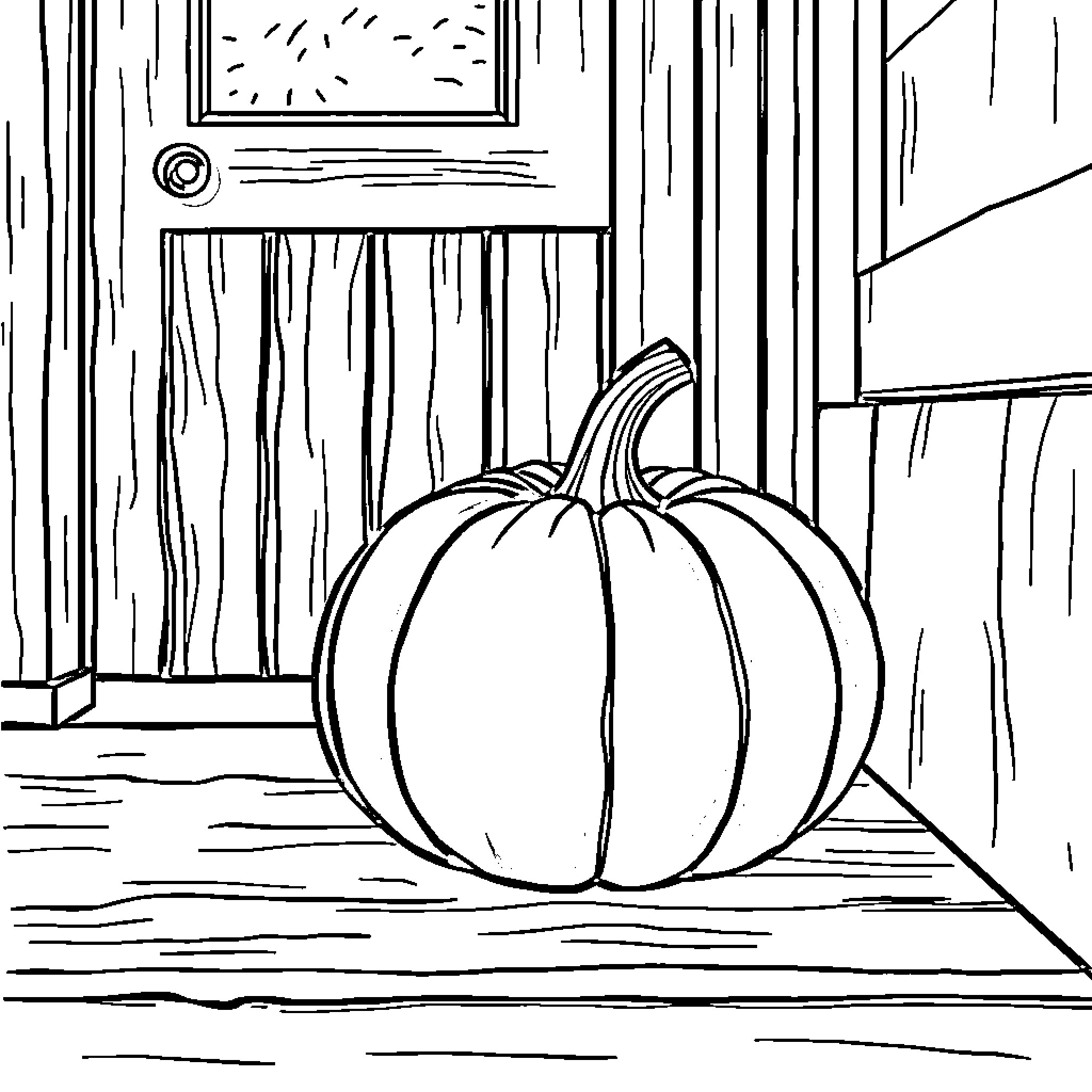 Pumpkin sitting on a wooden porch Coloring Page (free black-and-white line drawing printable PDF for all, from beginners to advanced learners, including children, teens, adults, and seniors)