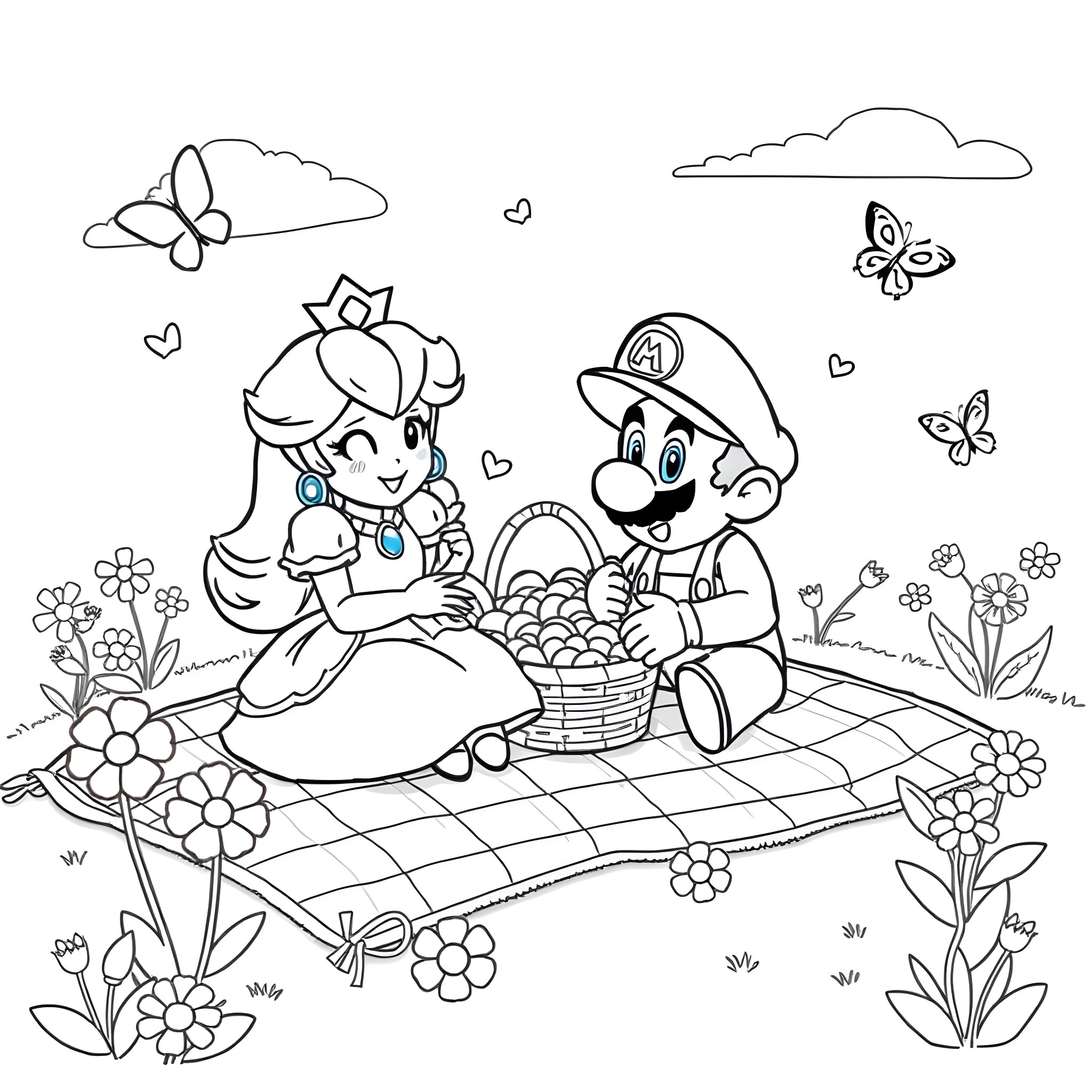Princess Peach and Mario enjoying a picnic in nature Coloring Page (free black-and-white line drawing printable PDF for all, from beginners to advanced learners, including children, teens, adults, and seniors)