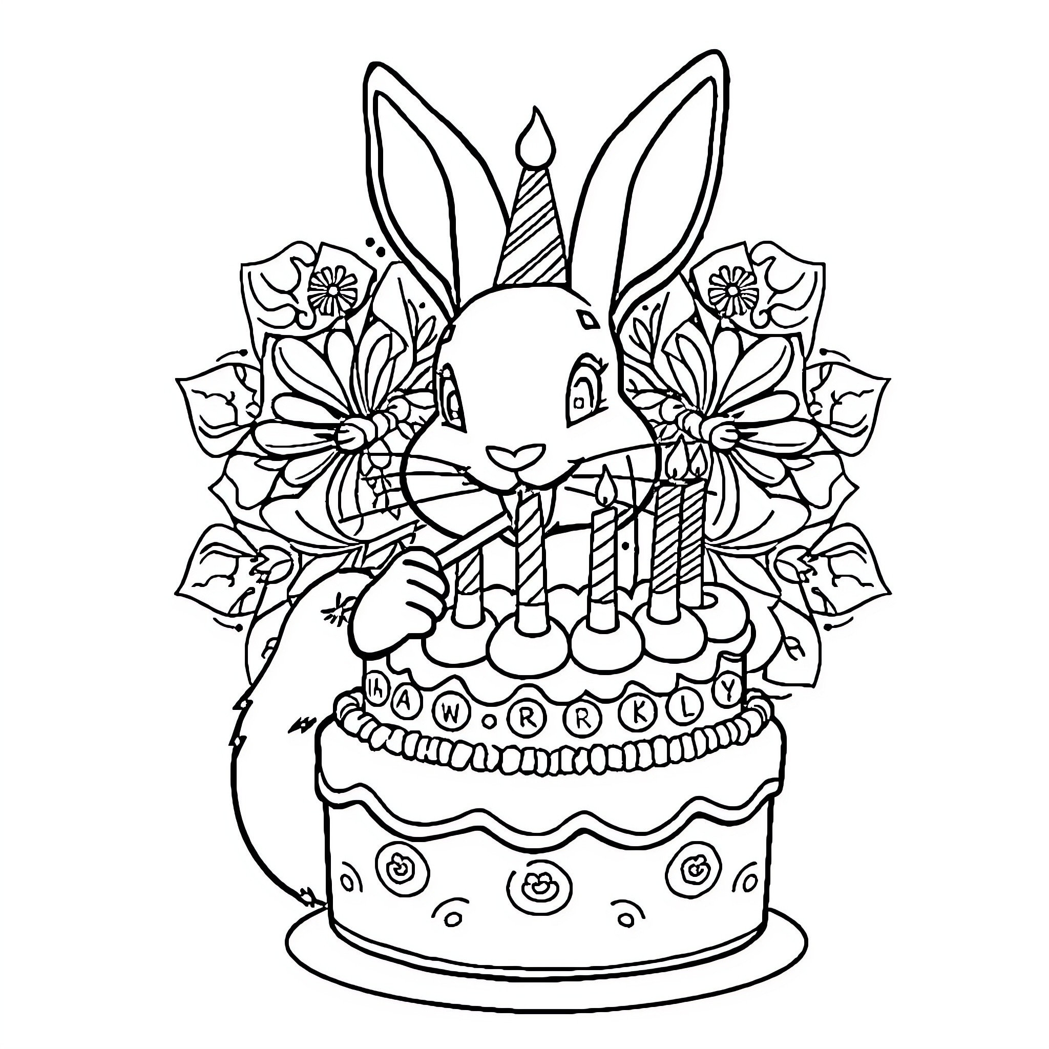 Rabbit celebrating birthday with cake and flowers Coloring Page (free black-and-white line drawing printable PDF for all, from beginners to advanced learners, including children, teens, adults, and seniors)