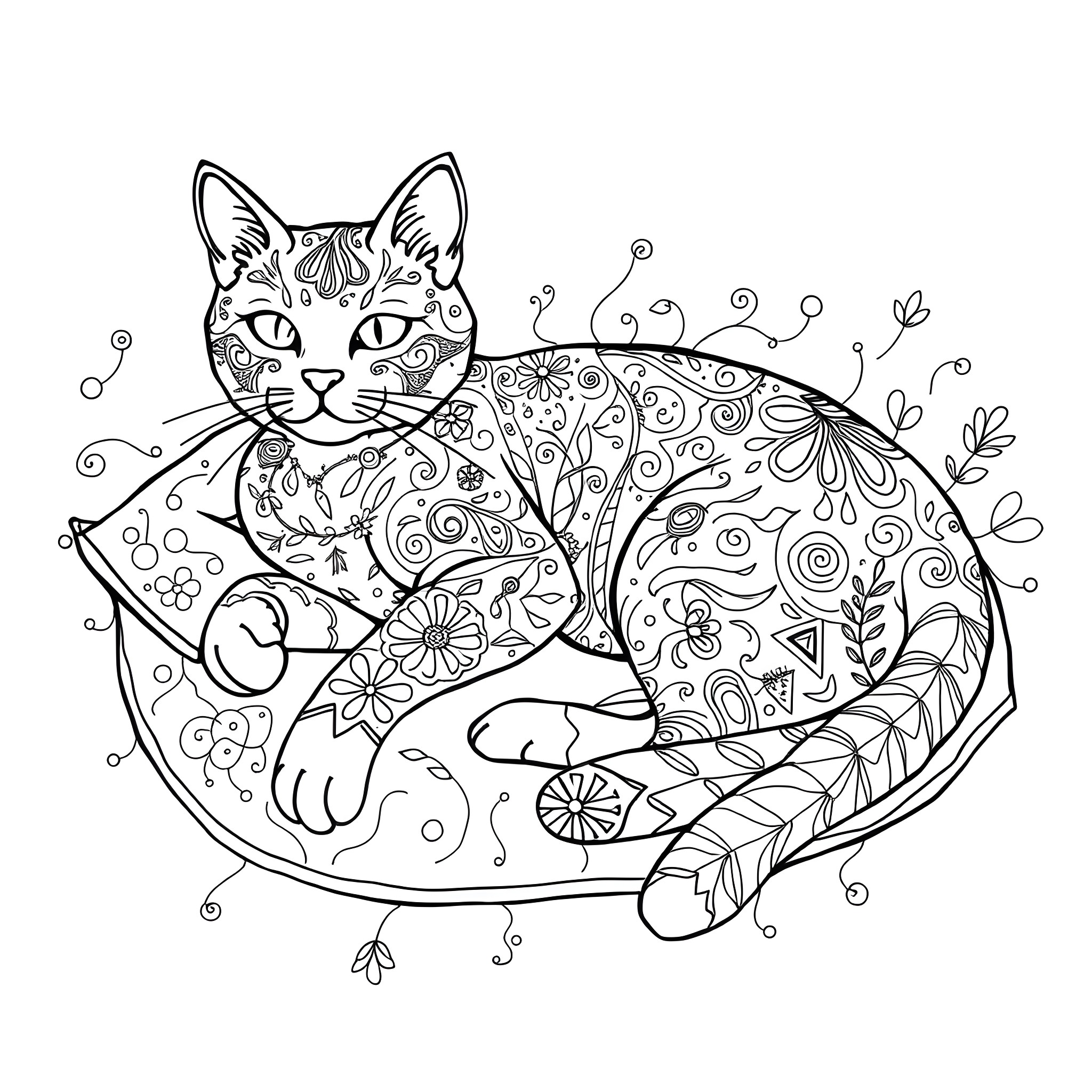 Tabby Cat Resting in a Floral Wonderland Coloring Page (free black-and-white line drawing printable PDF for all, from beginners to advanced learners, including children, teens, adults, and seniors)