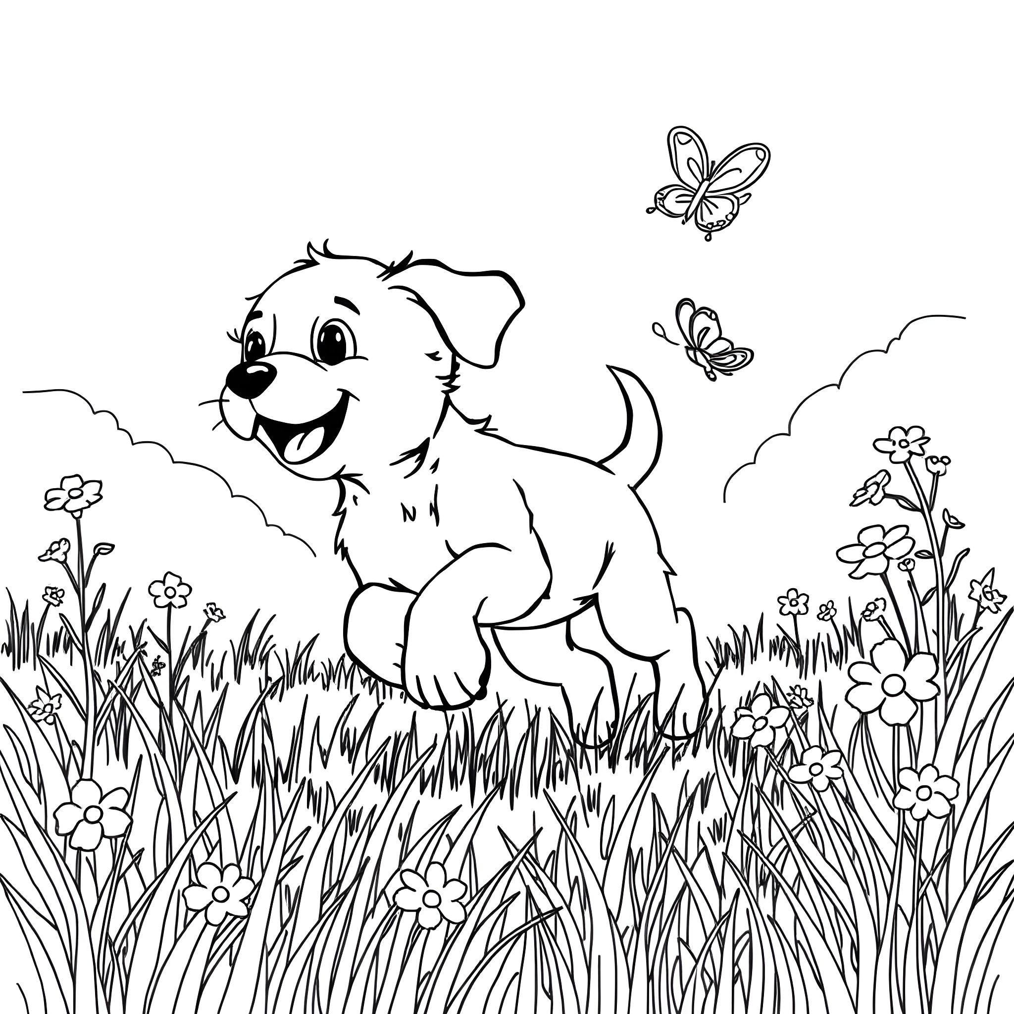 Dog frolicking in a meadow with butterflies Coloring Page (free black-and-white line drawing printable PDF for all, from beginners to advanced learners, including children, teens, adults, and seniors)