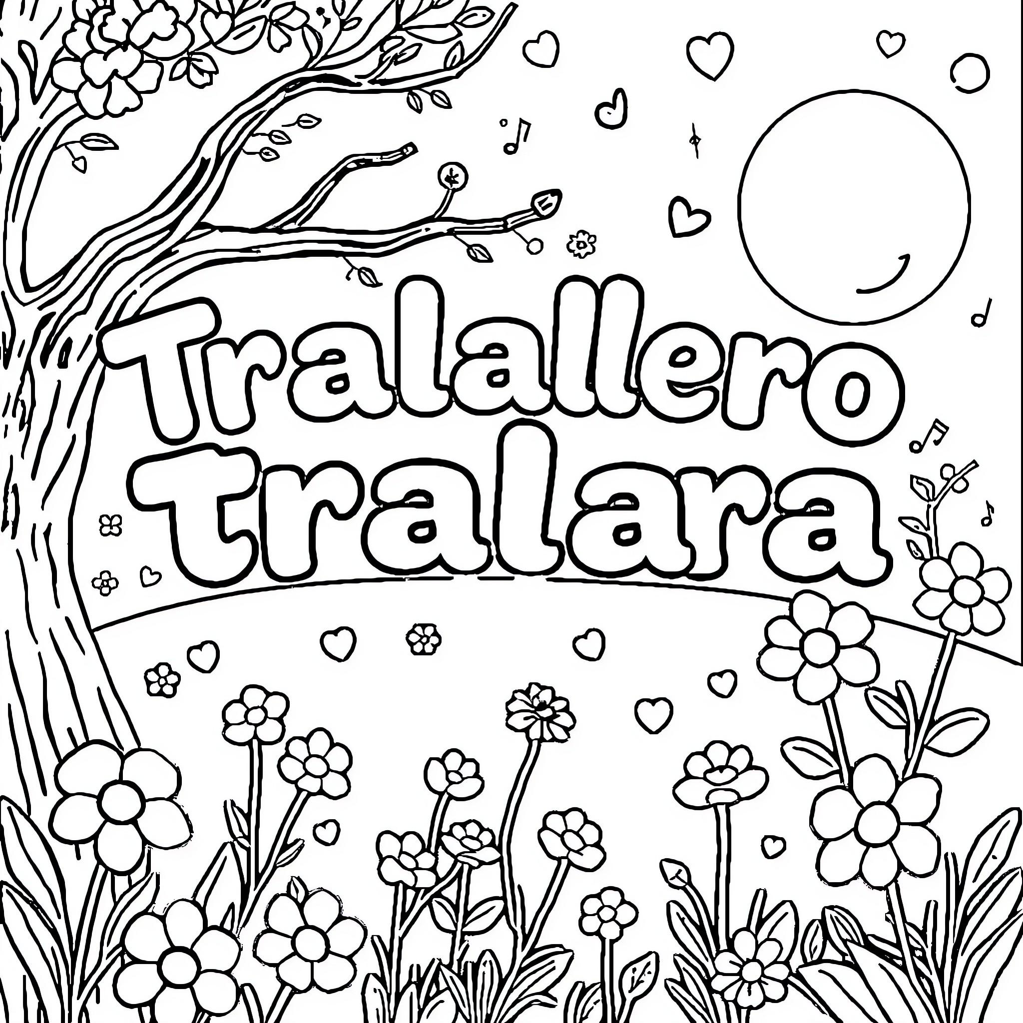 Tralalero Tralara: Whimsical Floral Garden Scene Coloring Page (free black-and-white line drawing printable PDF for all, from beginners to advanced learners, including children, teens, adults, and seniors)