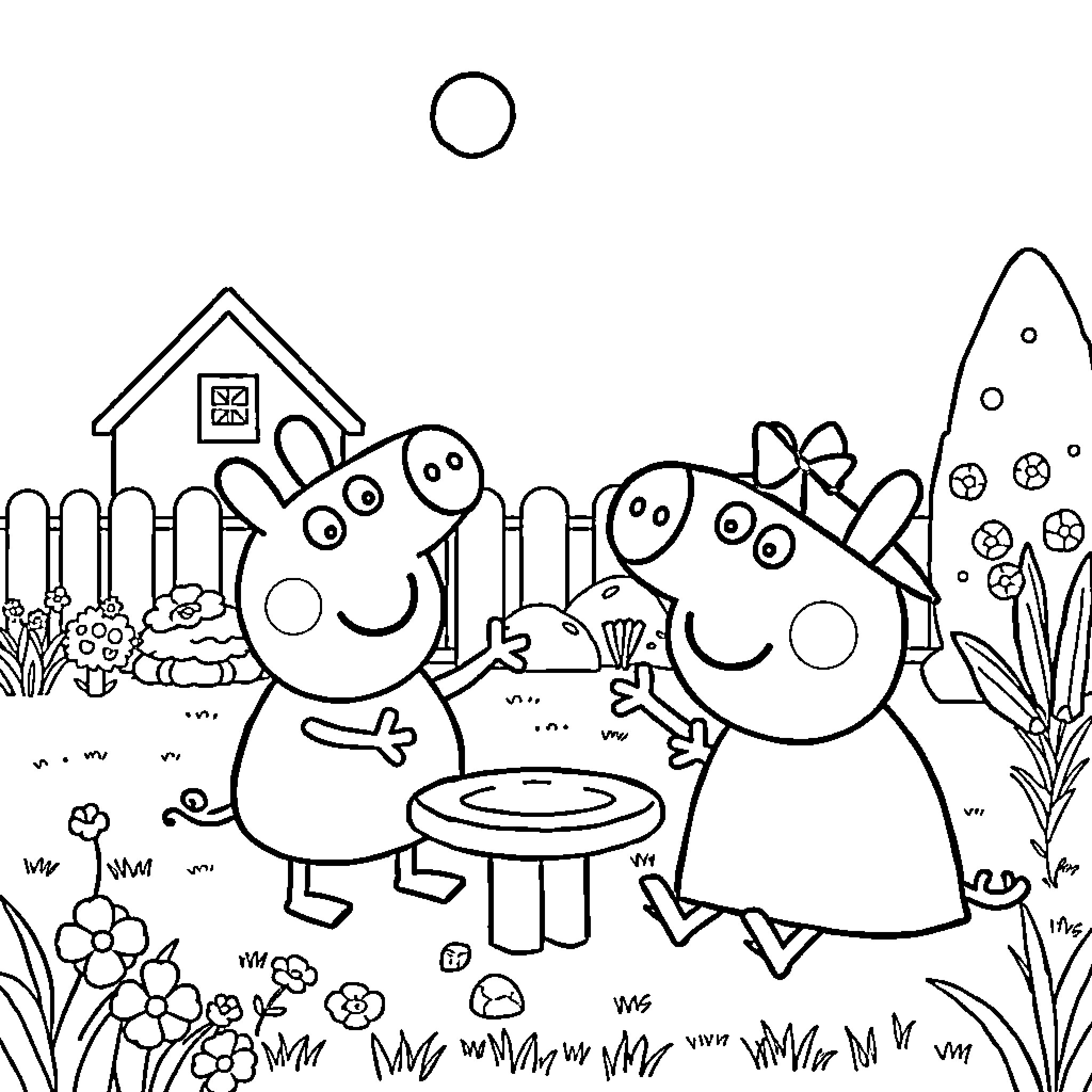 Bluey and friends playing in the garden Coloring Page (free black-and-white line drawing printable PDF for all, from beginners to advanced learners, including children, teens, adults, and seniors)
