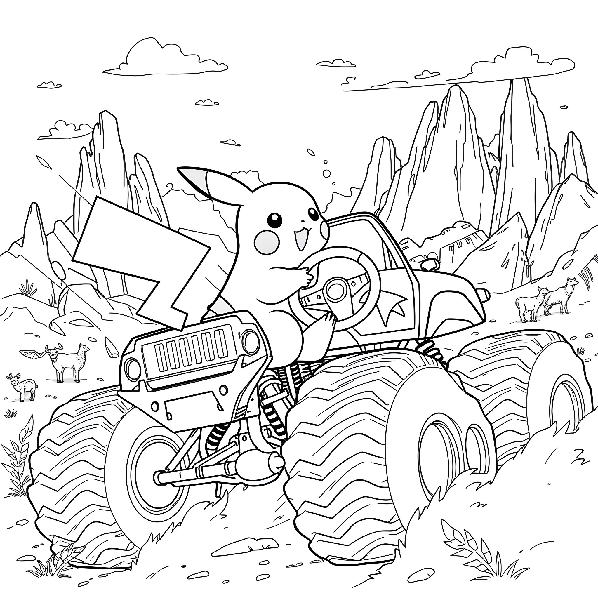 Pikachu driving a monster truck through the mountains Coloring Page (free black-and-white line drawing printable PDF for all, from beginners to advanced learners, including children, teens, adults, and seniors)