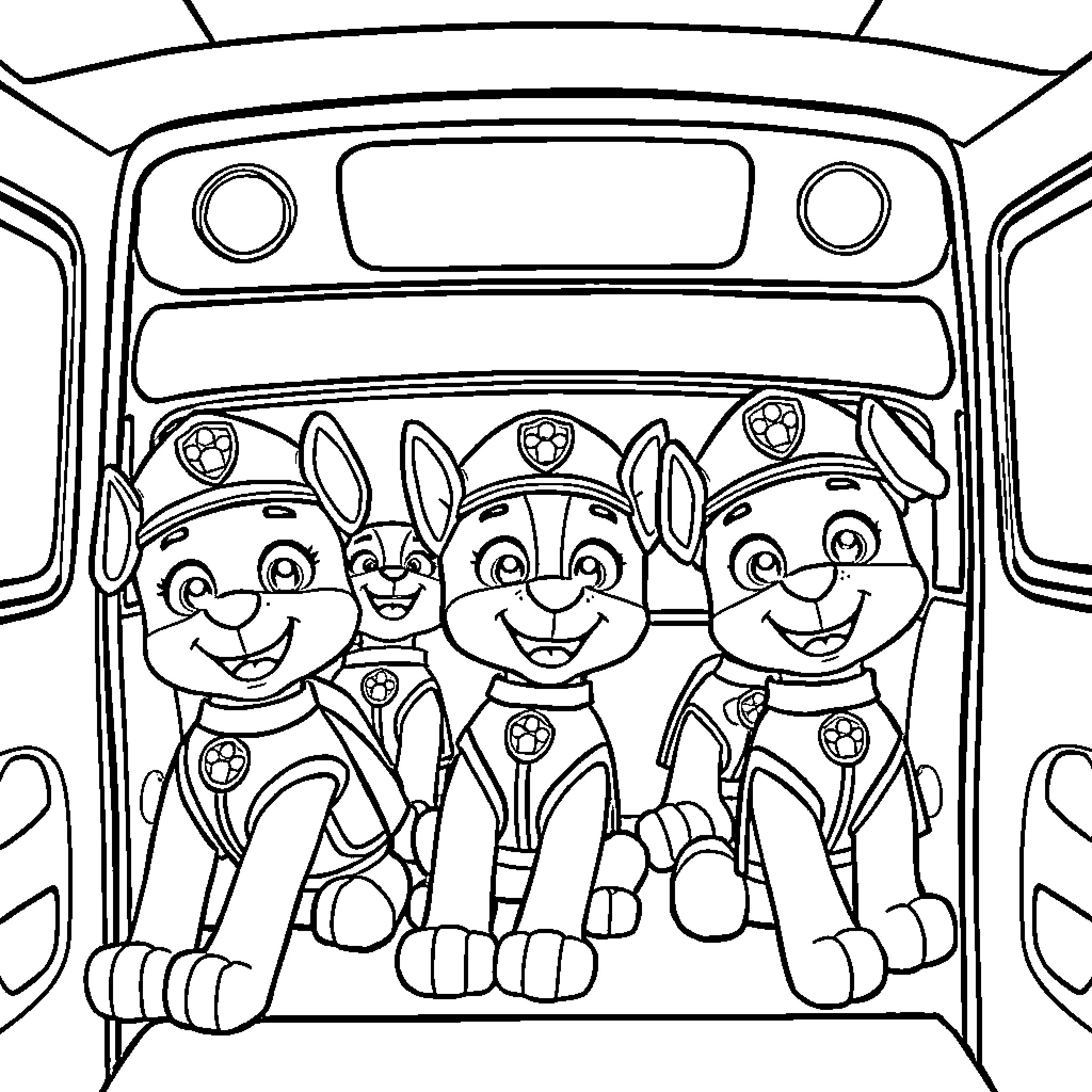 Paw Patrol pups smiling inside a vehicle Coloring Page (free black-and-white line drawing printable PDF for all, from beginners to advanced learners, including children, teens, adults, and seniors)