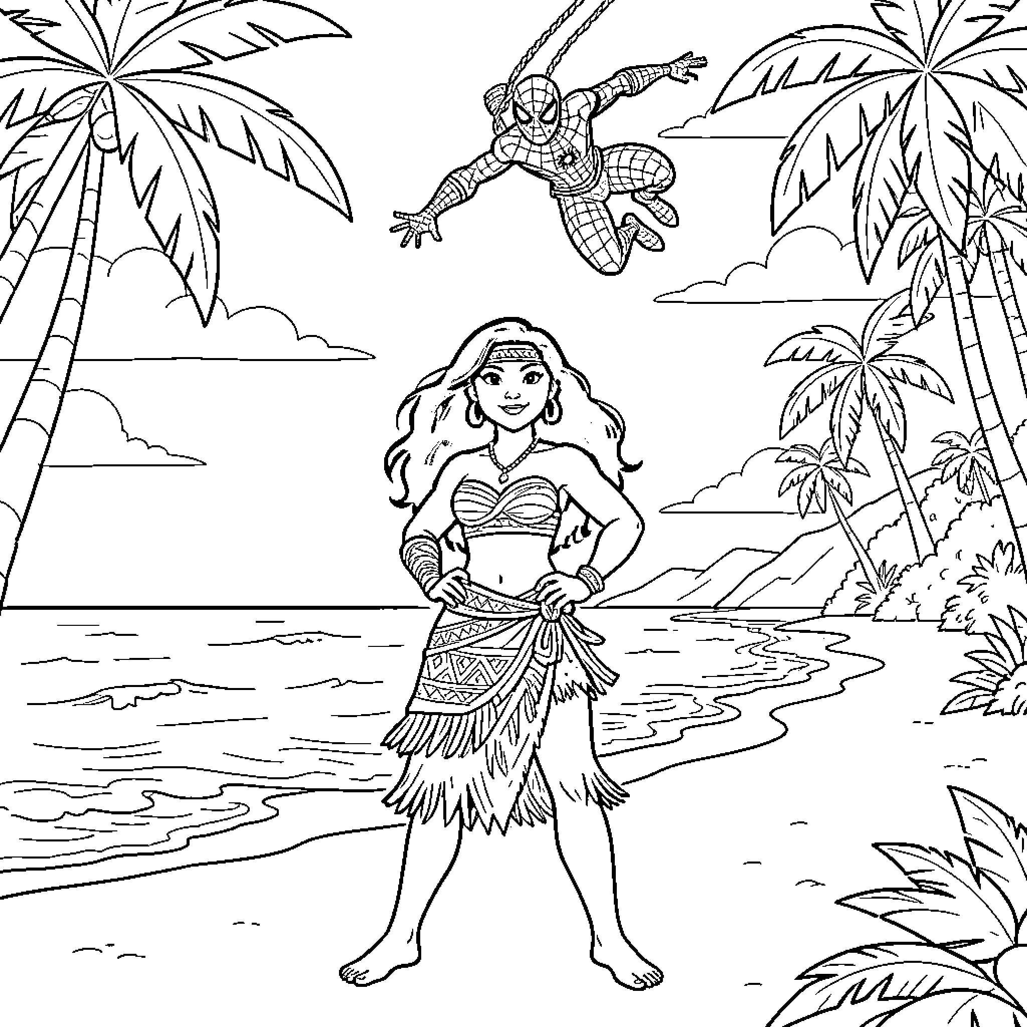 Moana standing on a beach while Spider-Man swings by Coloring Page (free black-and-white line drawing printable PDF for all, from beginners to advanced learners, including children, teens, adults, and seniors)