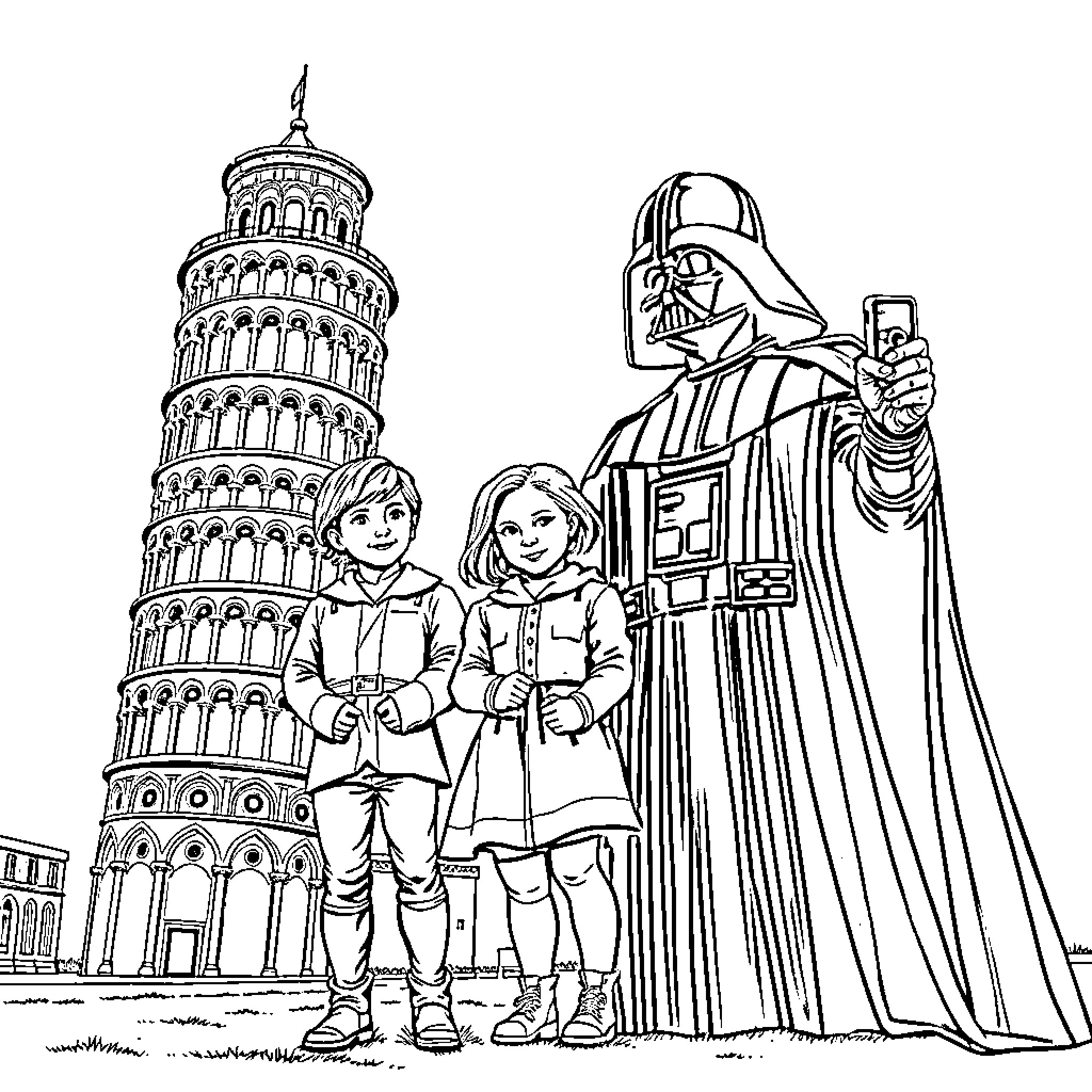 Darth Vader takes a selfie with children at the Leaning Tower Coloring Page (free black-and-white line drawing printable PDF for all, from beginners to advanced learners, including children, teens, adults, and seniors)