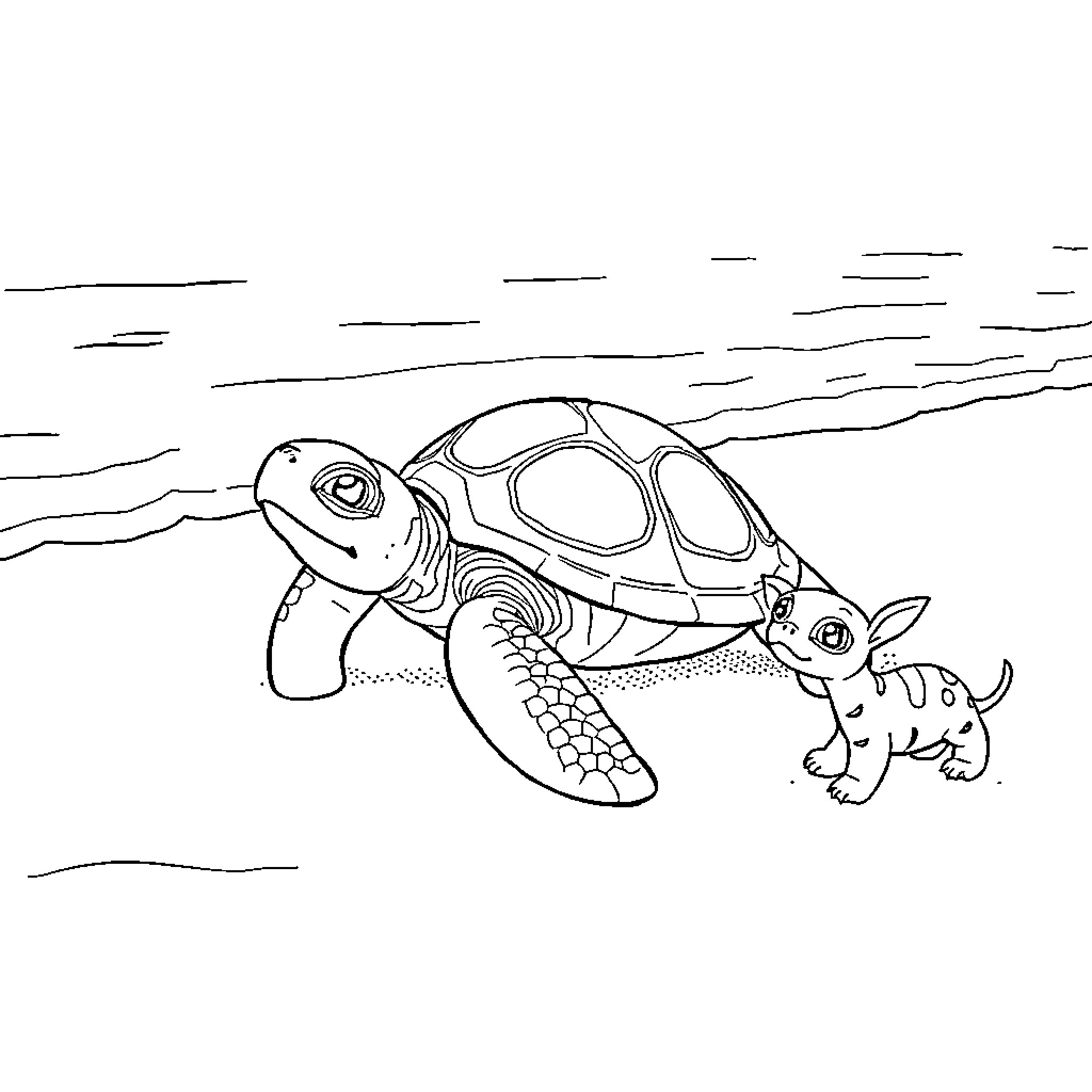 Turtle and friends playing in the ocean Coloring Page (free black-and-white line drawing printable PDF for all, from beginners to advanced learners, including children, teens, adults, and seniors)