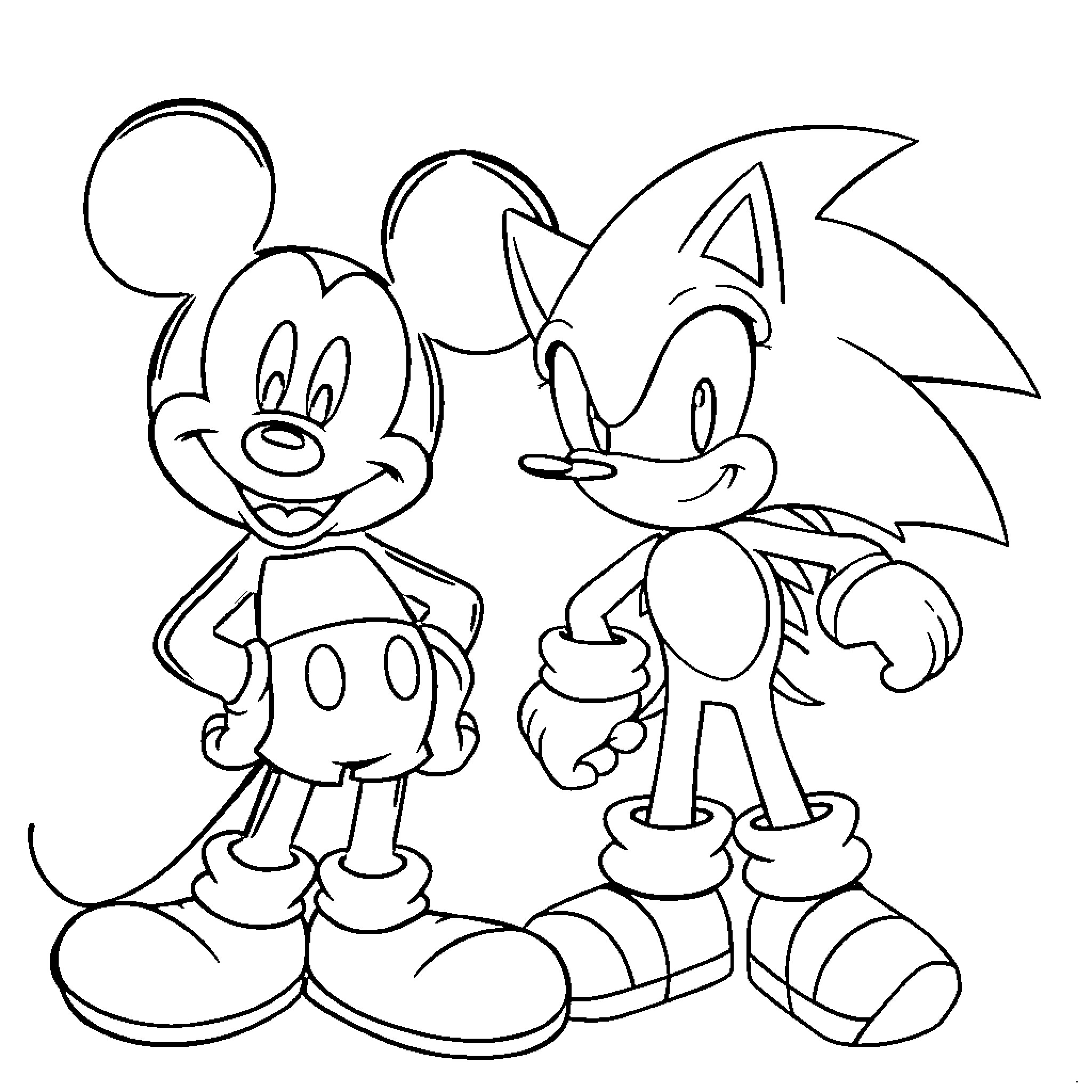 Mickey Mouse and Sonic the Hedgehog in playful pose Coloring Page (free black-and-white line drawing printable PDF for all, from beginners to advanced learners, including children, teens, adults, and seniors)