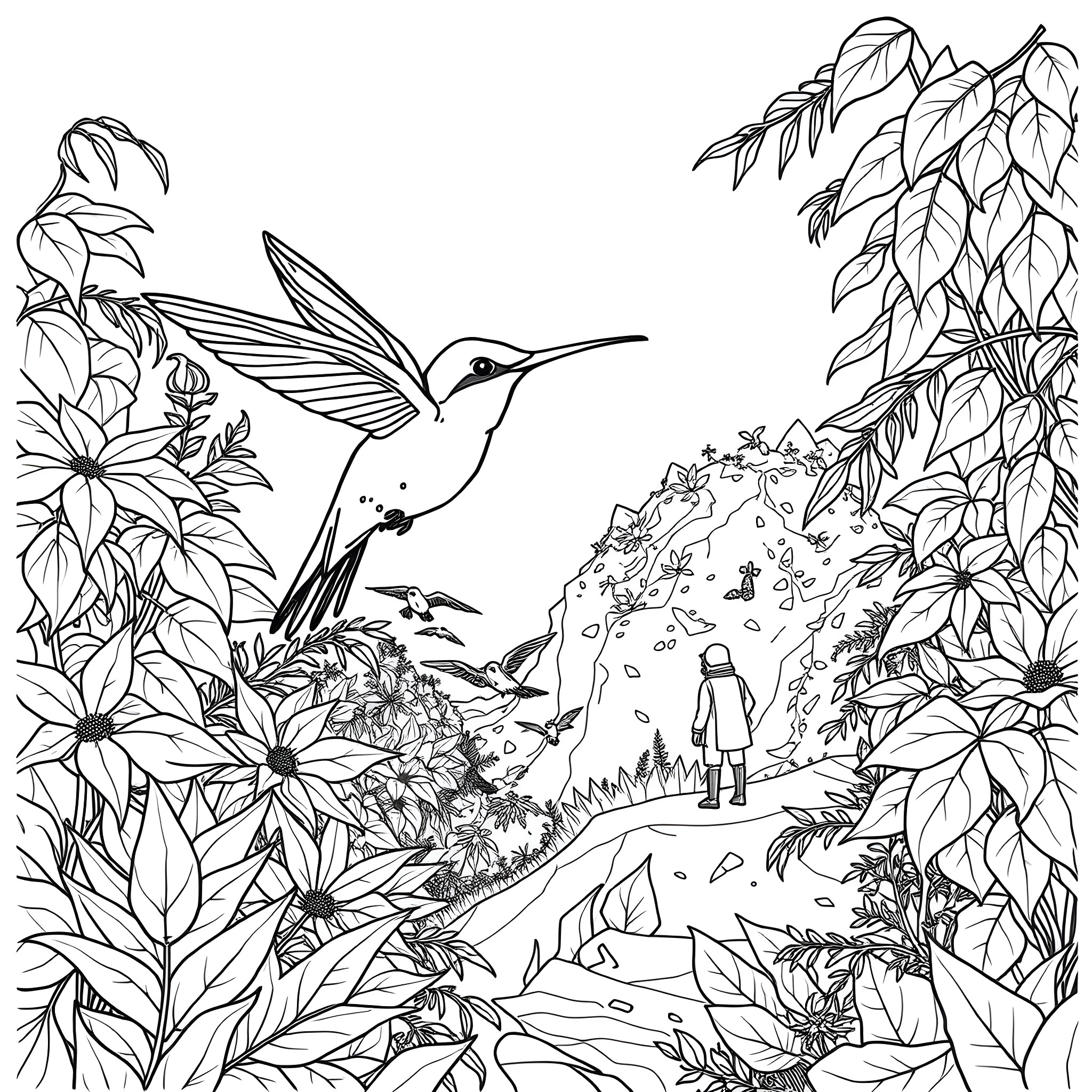 Hummingbird hovering among lush foliage and flowers Coloring Page (free black-and-white line drawing printable PDF for all, from beginners to advanced learners, including children, teens, adults, and seniors)