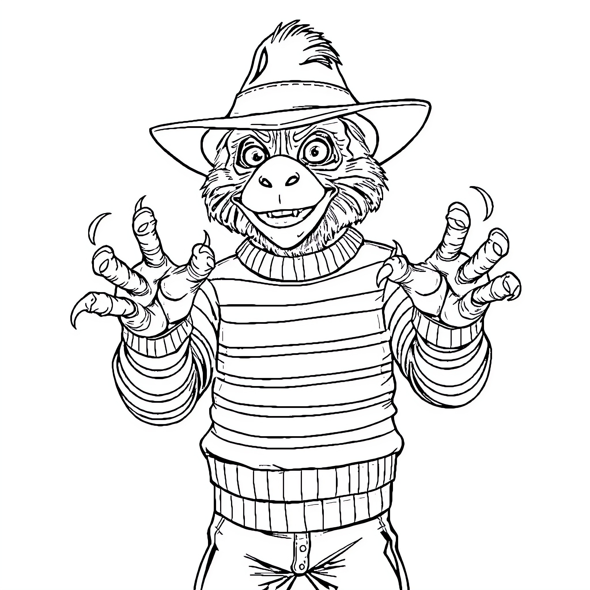 Labubu the Goofy Scarecrow in Striped Outfit Coloring Page (free black-and-white line drawing printable PDF for all, from beginners to advanced learners, including children, teens, adults, and seniors)