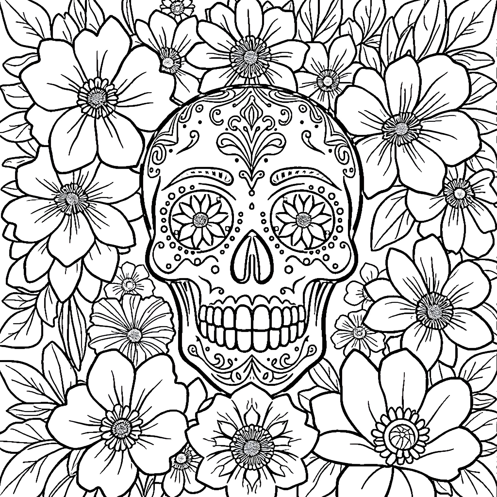 Skull surrounded by detailed floral patterns Coloring Page (free black-and-white line drawing printable PDF for all, from beginners to advanced learners, including children, teens, adults, and seniors)