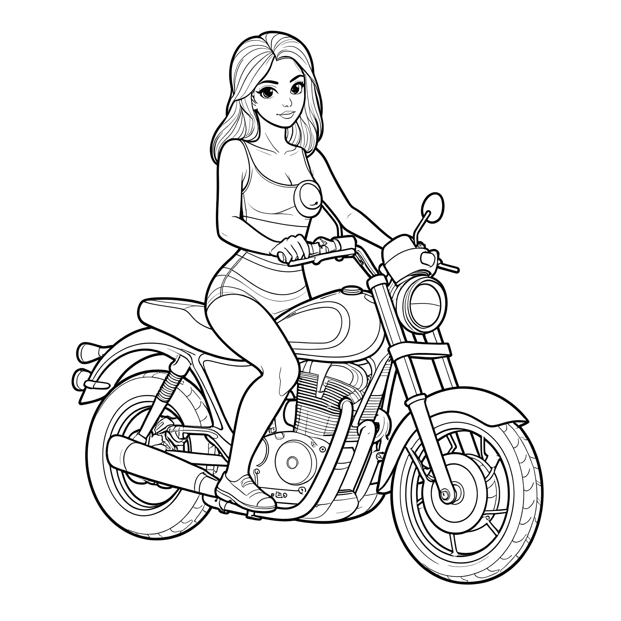 Woman riding a motorcycle on the road Coloring Page (free black-and-white line drawing printable PDF for all, from beginners to advanced learners, including children, teens, adults, and seniors)