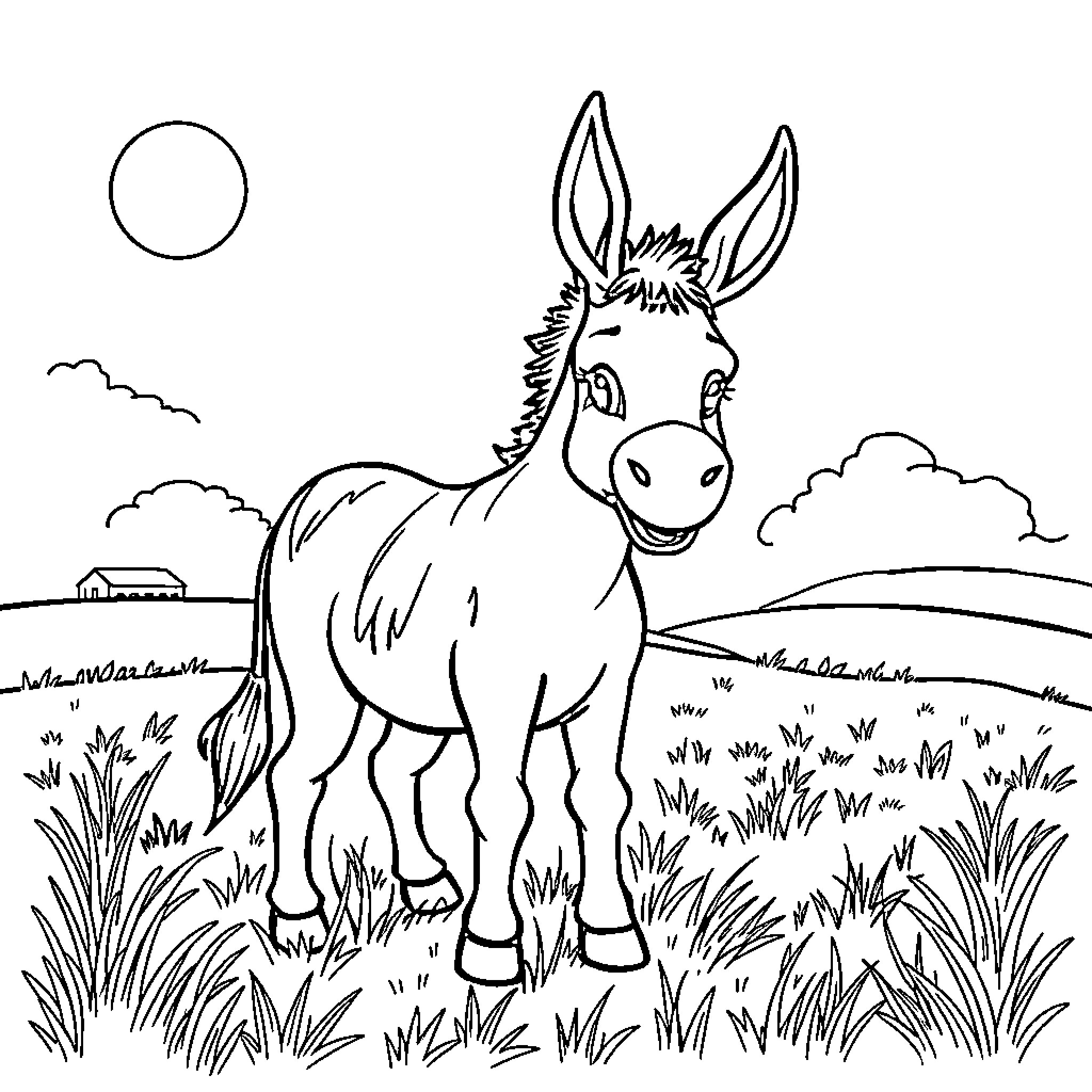 Donkey standing happily in a rural landscape Coloring Page (free black-and-white line drawing printable PDF for all, from beginners to advanced learners, including children, teens, adults, and seniors)