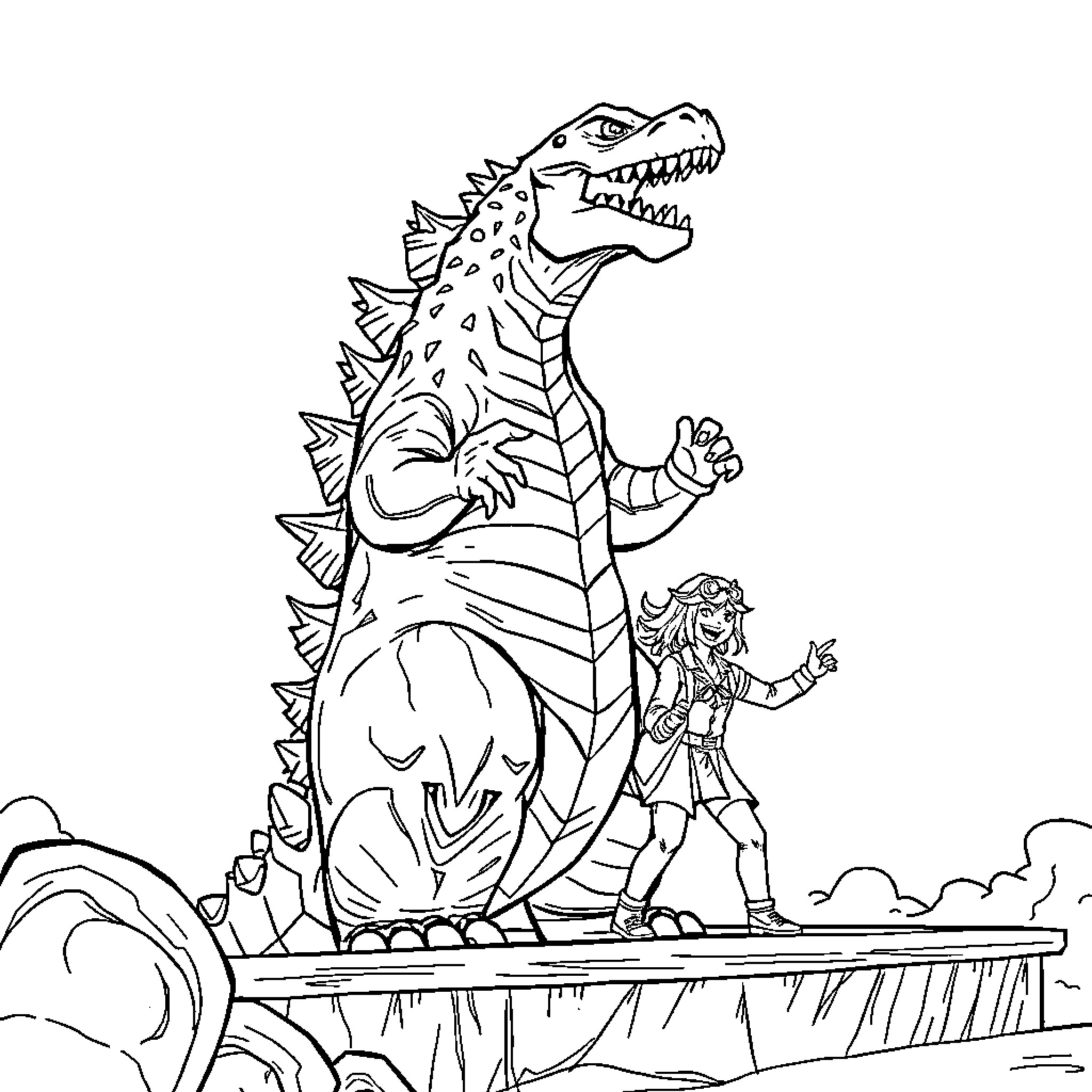 Godzilla confronting a warrior in an epic scene Coloring Page (free black-and-white line drawing printable PDF for all, from beginners to advanced learners, including children, teens, adults, and seniors)