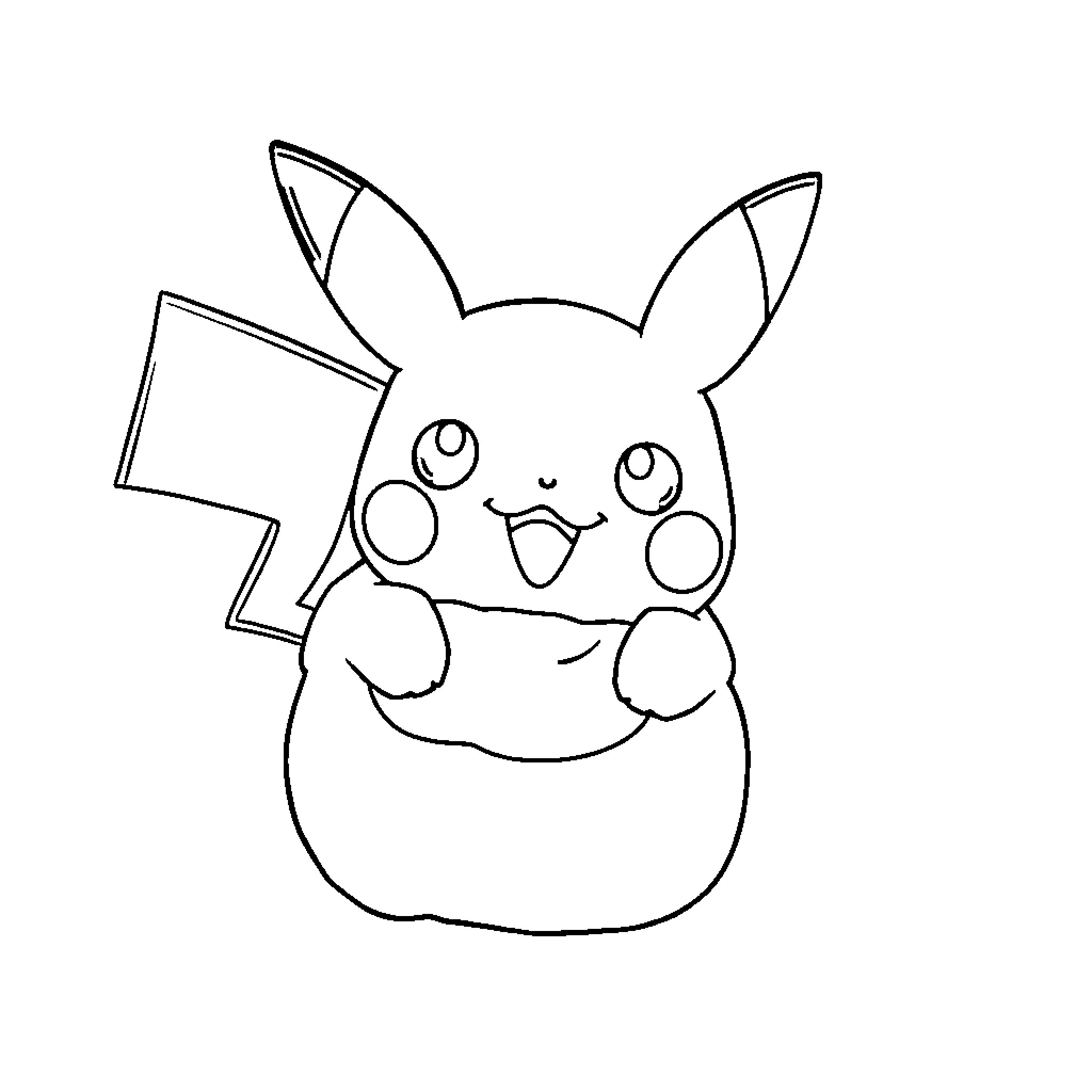 Pikachu smiling joyfully while holding a small object Coloring Page (free black-and-white line drawing printable PDF for all, from beginners to advanced learners, including children, teens, adults, and seniors)