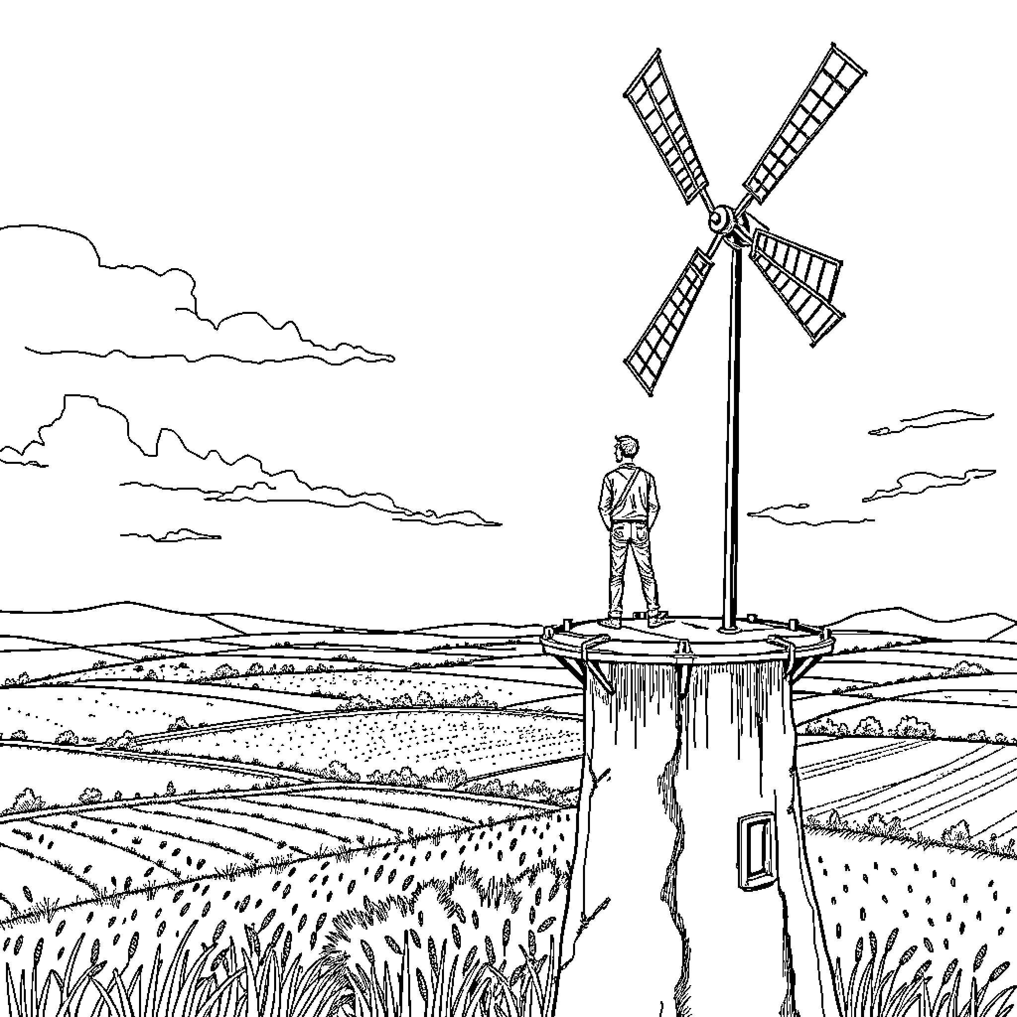 Man standing atop a cliff overlooking a windmill Coloring Page (free black-and-white line drawing printable PDF for all, from beginners to advanced learners, including children, teens, adults, and seniors)