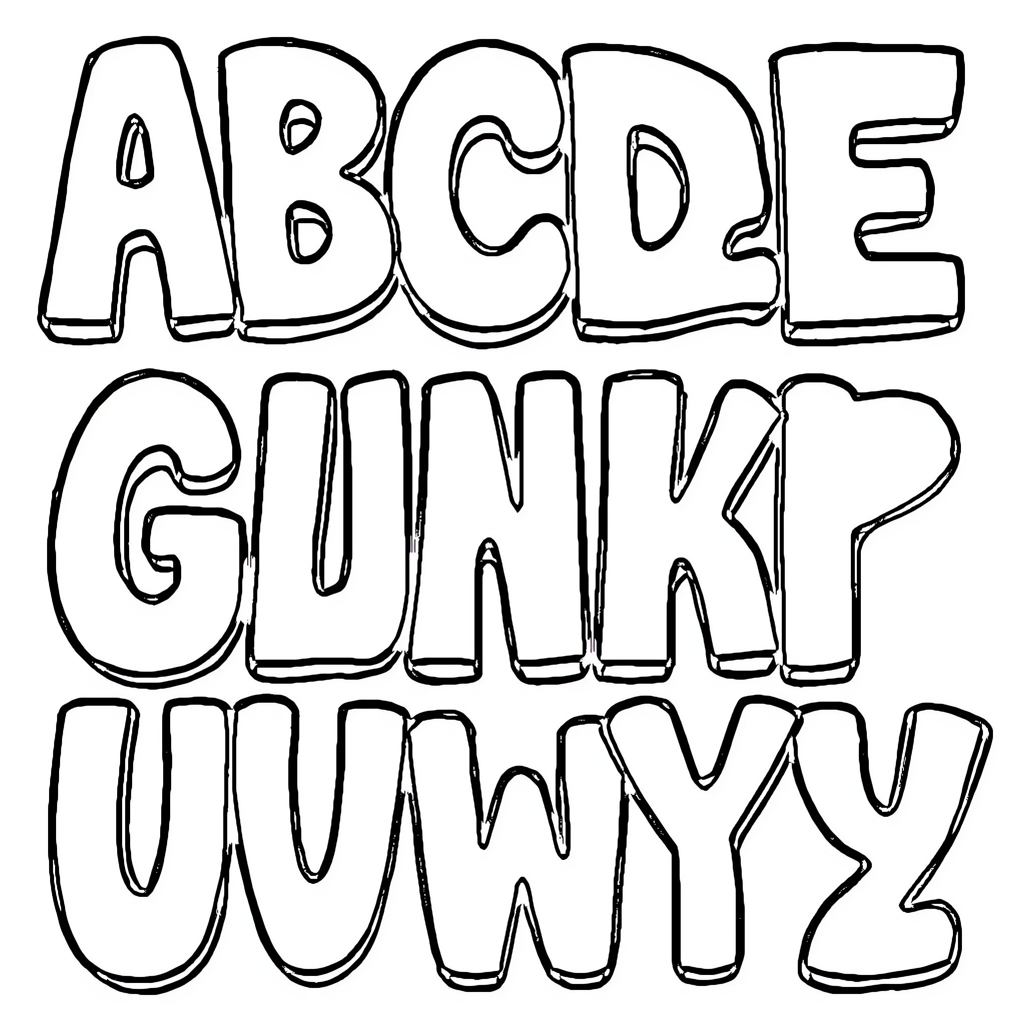 Alphabet Styled with Funky Lettering Design Coloring Page (free black-and-white line drawing printable PDF for all, from beginners to advanced learners, including children, teens, adults, and seniors)