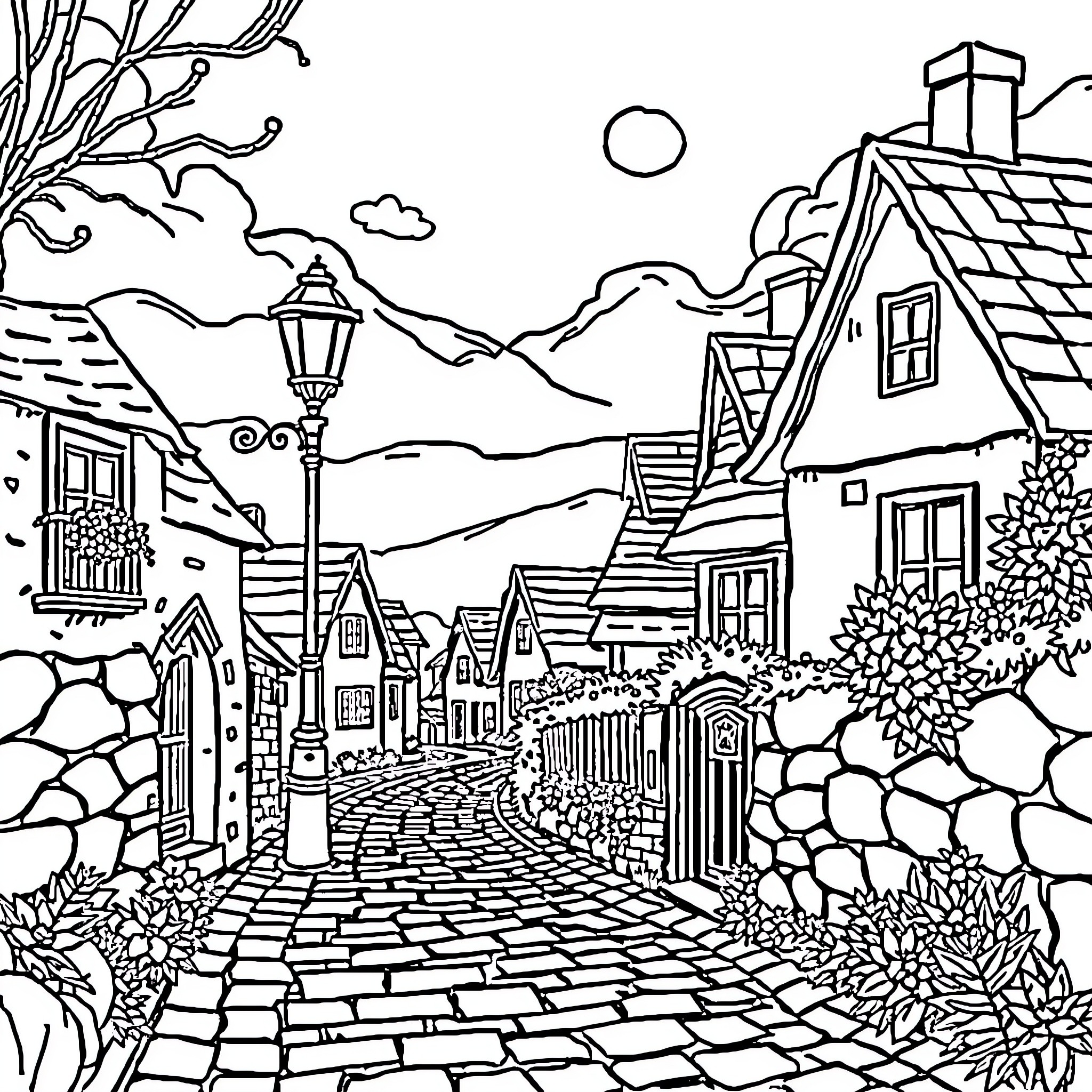 Lamp-lit village scene with quaint houses and cobblestone path Coloring Page (free black-and-white line drawing printable PDF for all, from beginners to advanced learners, including children, teens, adults, and seniors)