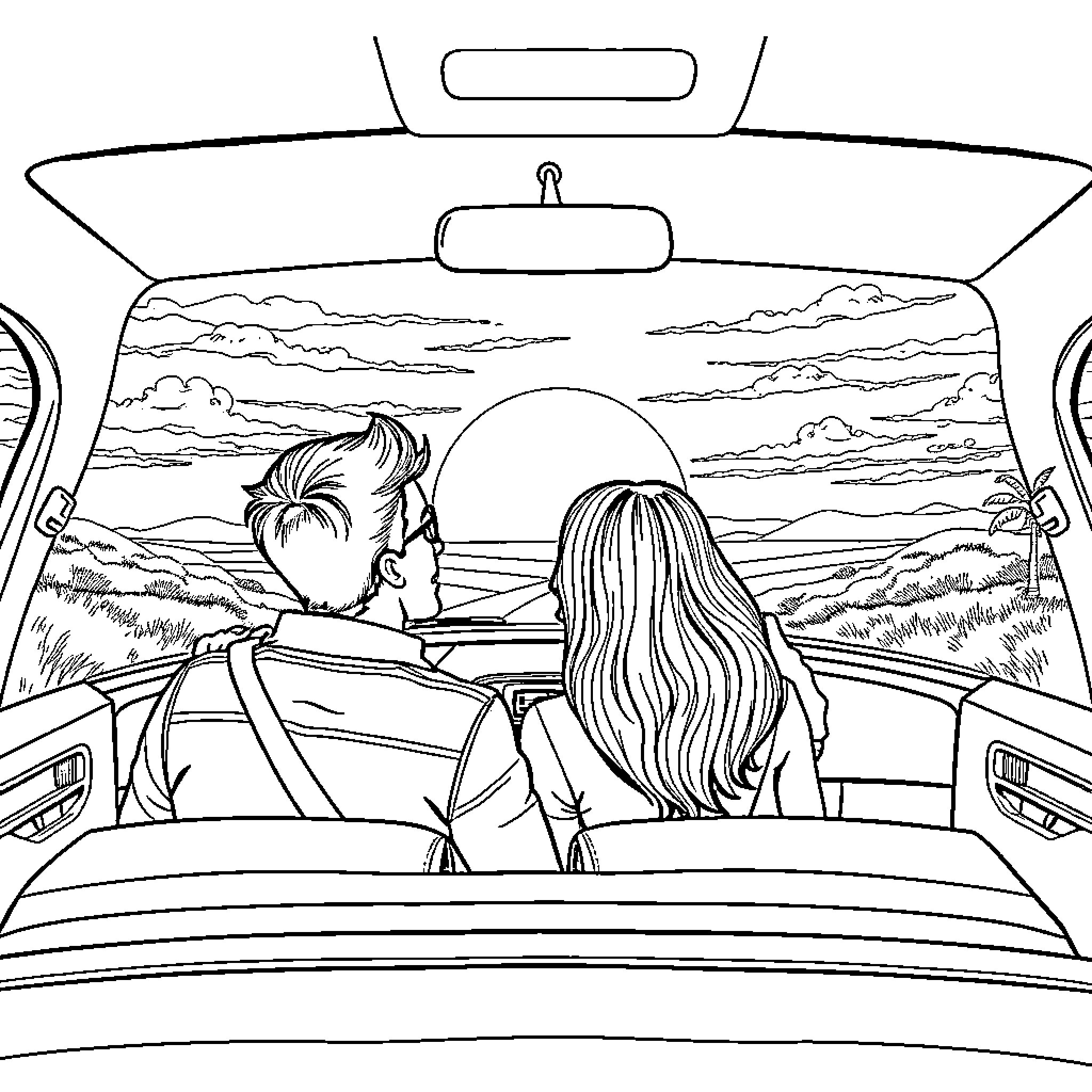 Couple on a road trip with scenic views Coloring Page (free black-and-white line drawing printable PDF for all, from beginners to advanced learners, including children, teens, adults, and seniors)