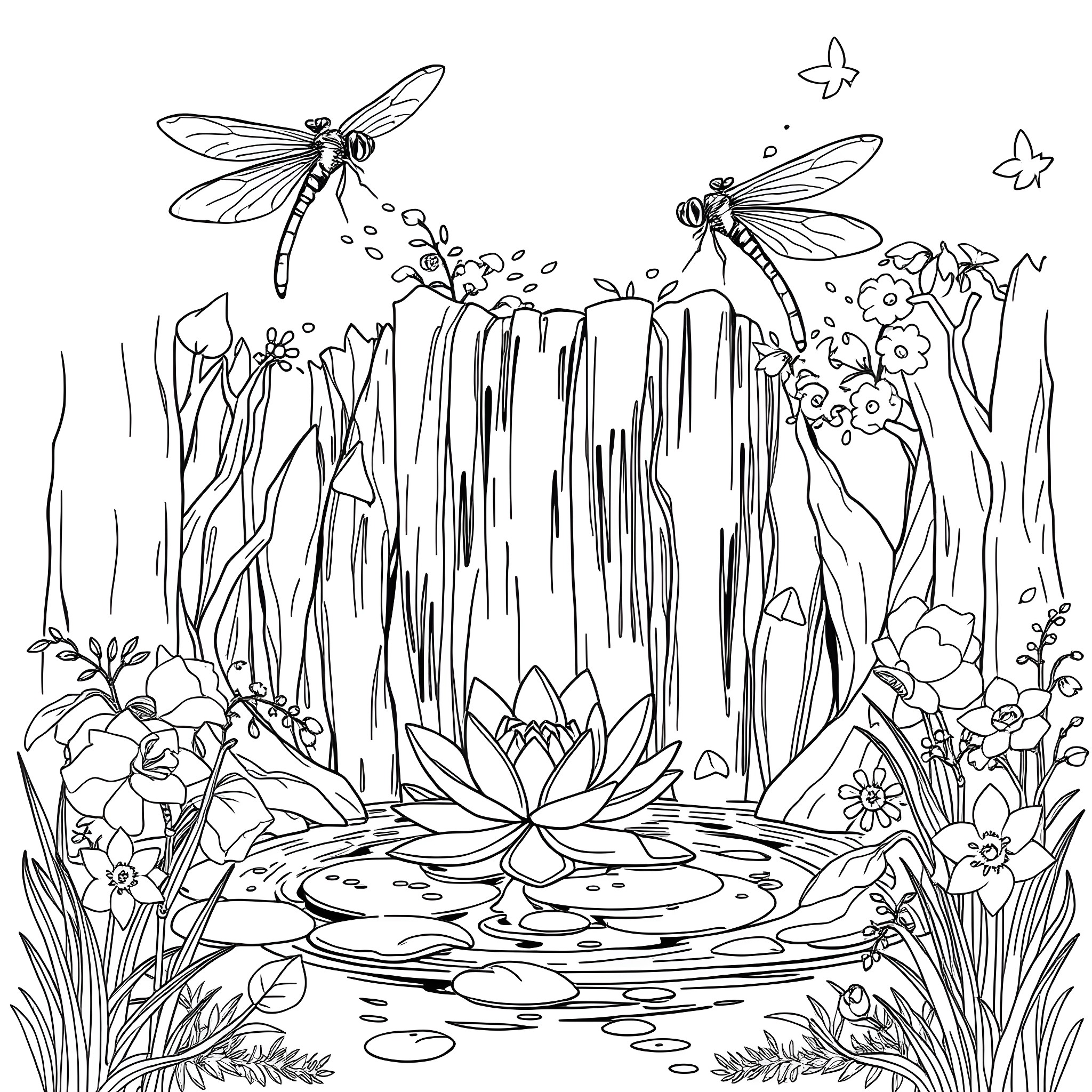 Dragonflies hovering over a serene lily pond Coloring Page (free black-and-white line drawing printable PDF for all, from beginners to advanced learners, including children, teens, adults, and seniors)