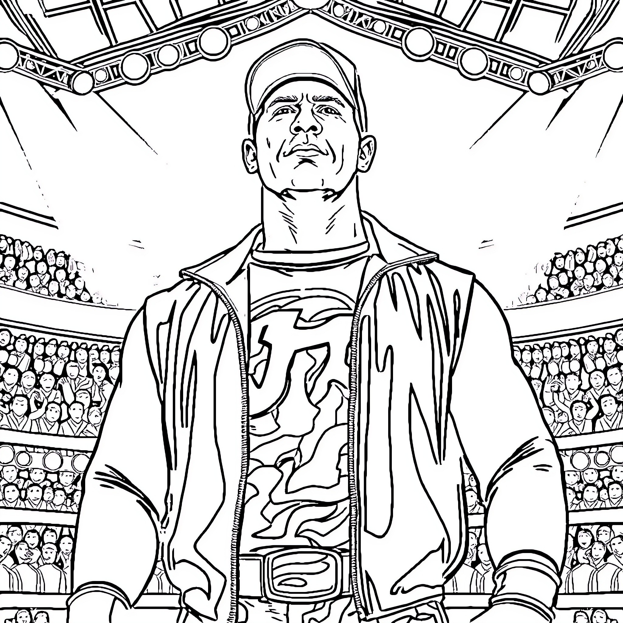 John Cena Entering the Wrestling Ring with Determination Coloring Page (free black-and-white line drawing printable PDF for all, from beginners to advanced learners, including children, teens, adults, and seniors)