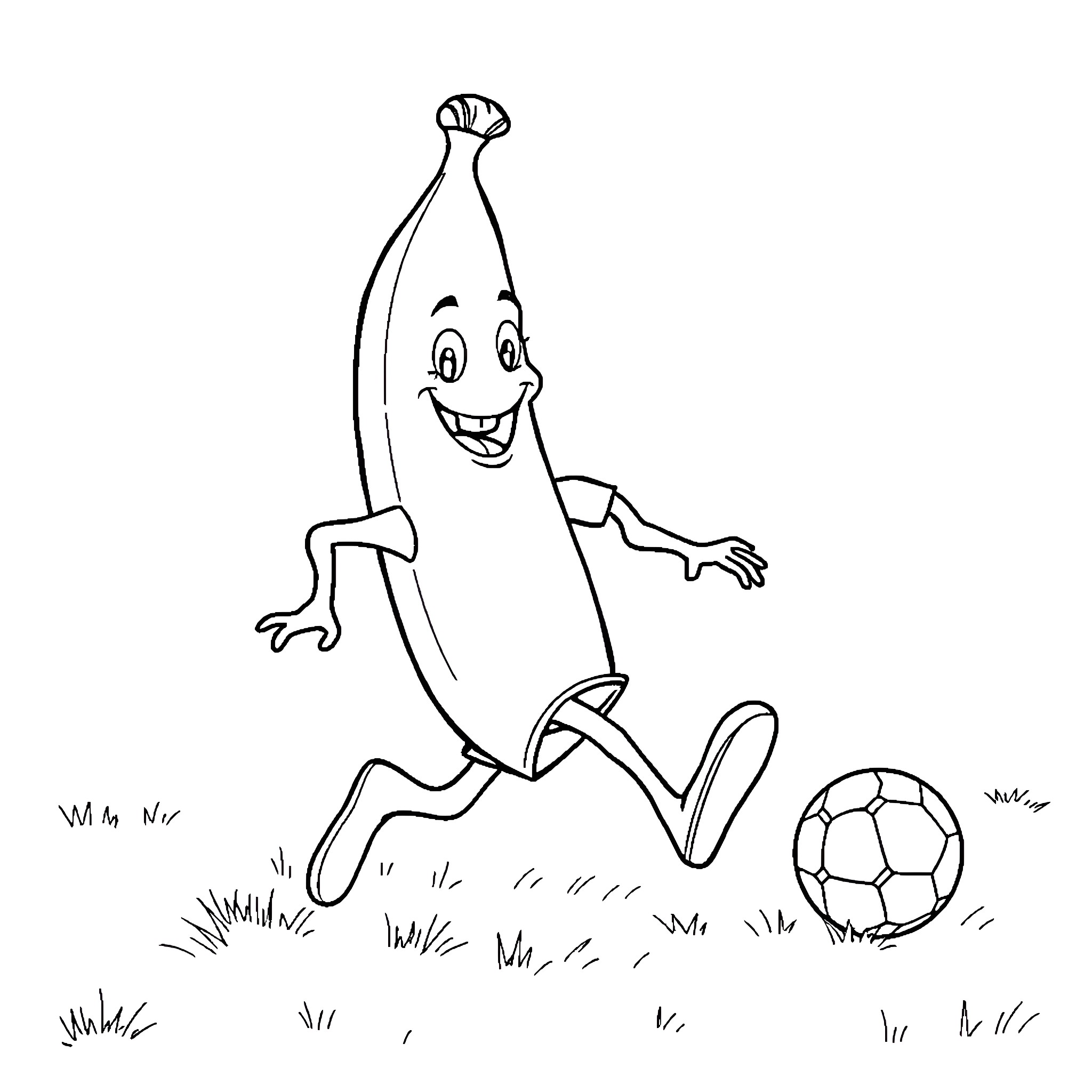 Banana character playing with soccer ball happily Coloring Page (free black-and-white line drawing printable PDF for all, from beginners to advanced learners, including children, teens, adults, and seniors)