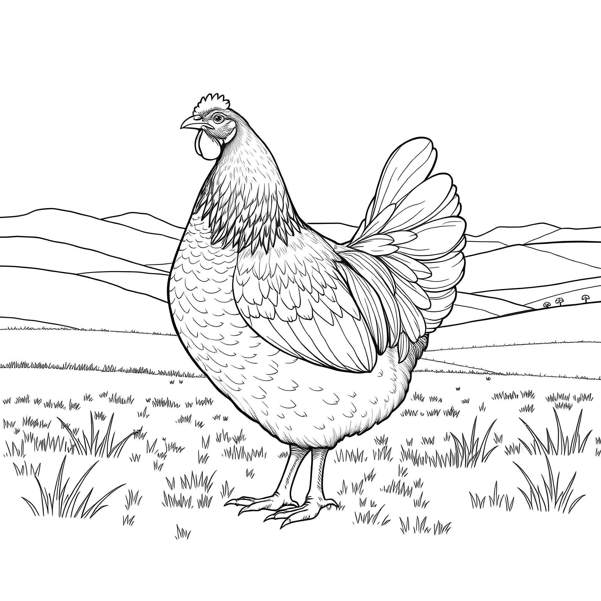 Hen roaming in the countryside field Coloring Page (free black-and-white line drawing printable PDF for all, from beginners to advanced learners, including children, teens, adults, and seniors)