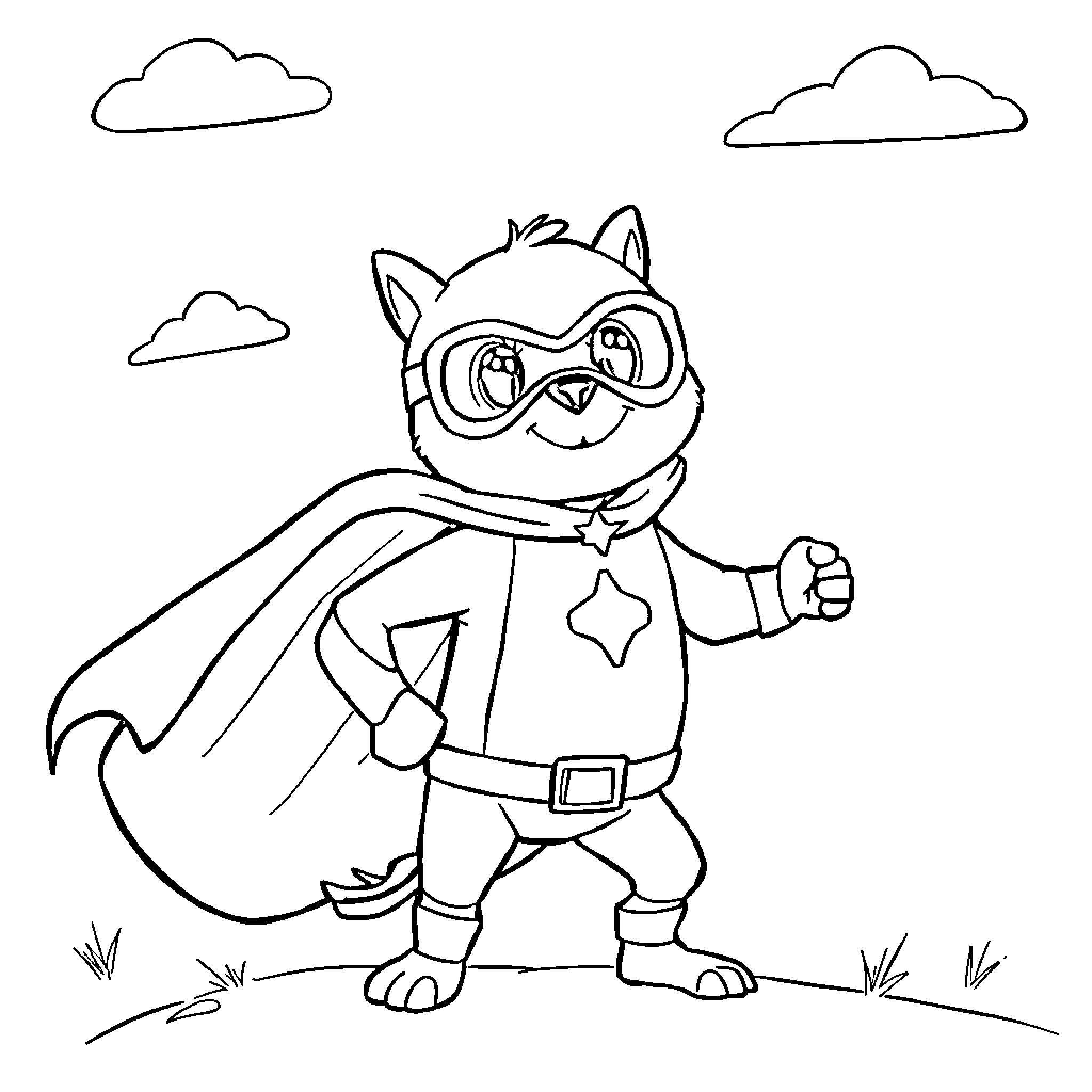 Paw Patrol superhero cat in action Coloring Page (free black-and-white line drawing printable PDF for all, from beginners to advanced learners, including children, teens, adults, and seniors)