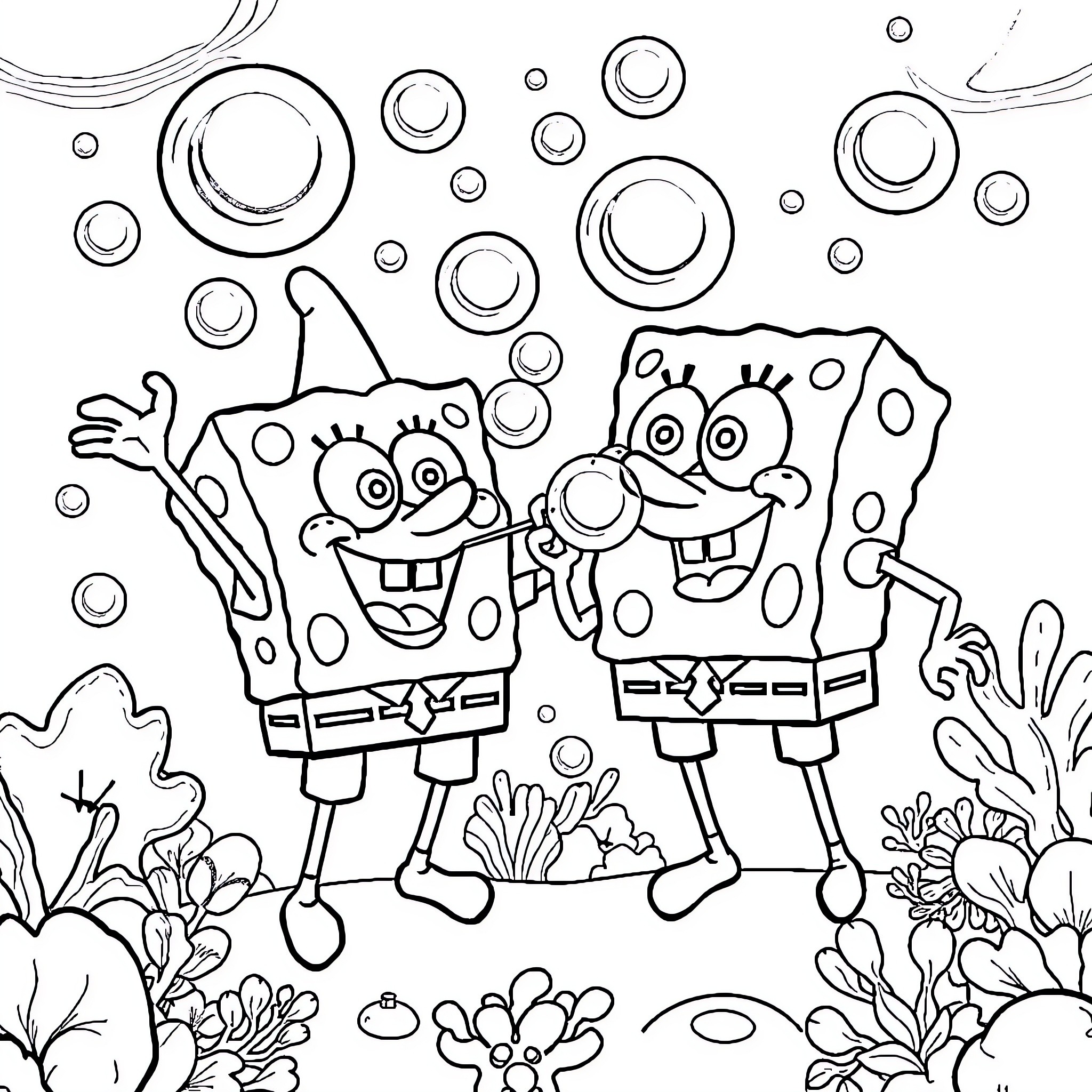 Spongebob and Patrick having fun in the underwater world Coloring Page (free black-and-white line drawing printable PDF for all, from beginners to advanced learners, including children, teens, adults, and seniors)