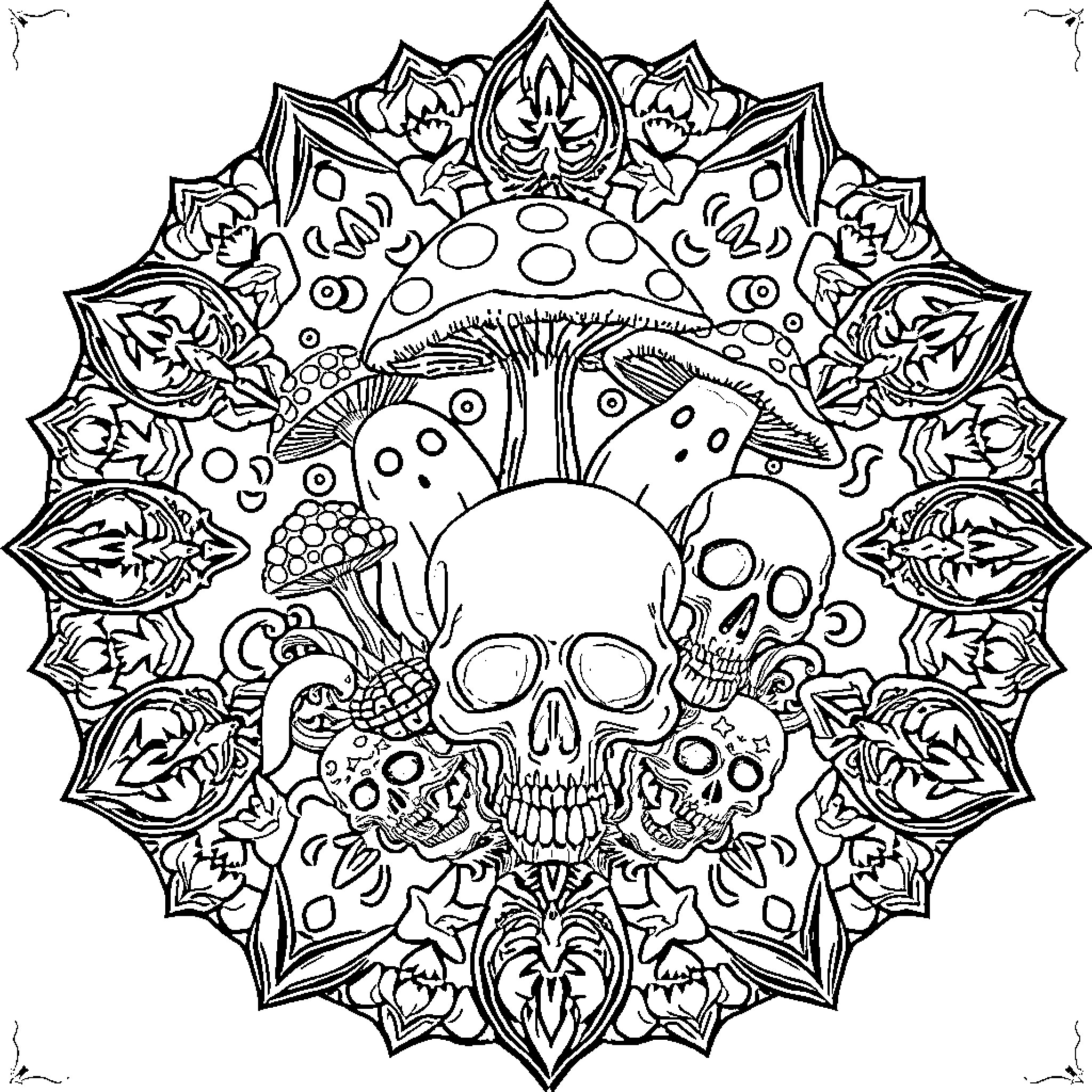 Mandala with Skulls, Mushrooms, and Intricate Floral Patterns Coloring Page (free black-and-white line drawing printable PDF for all, from beginners to advanced learners, including children, teens, adults, and seniors)