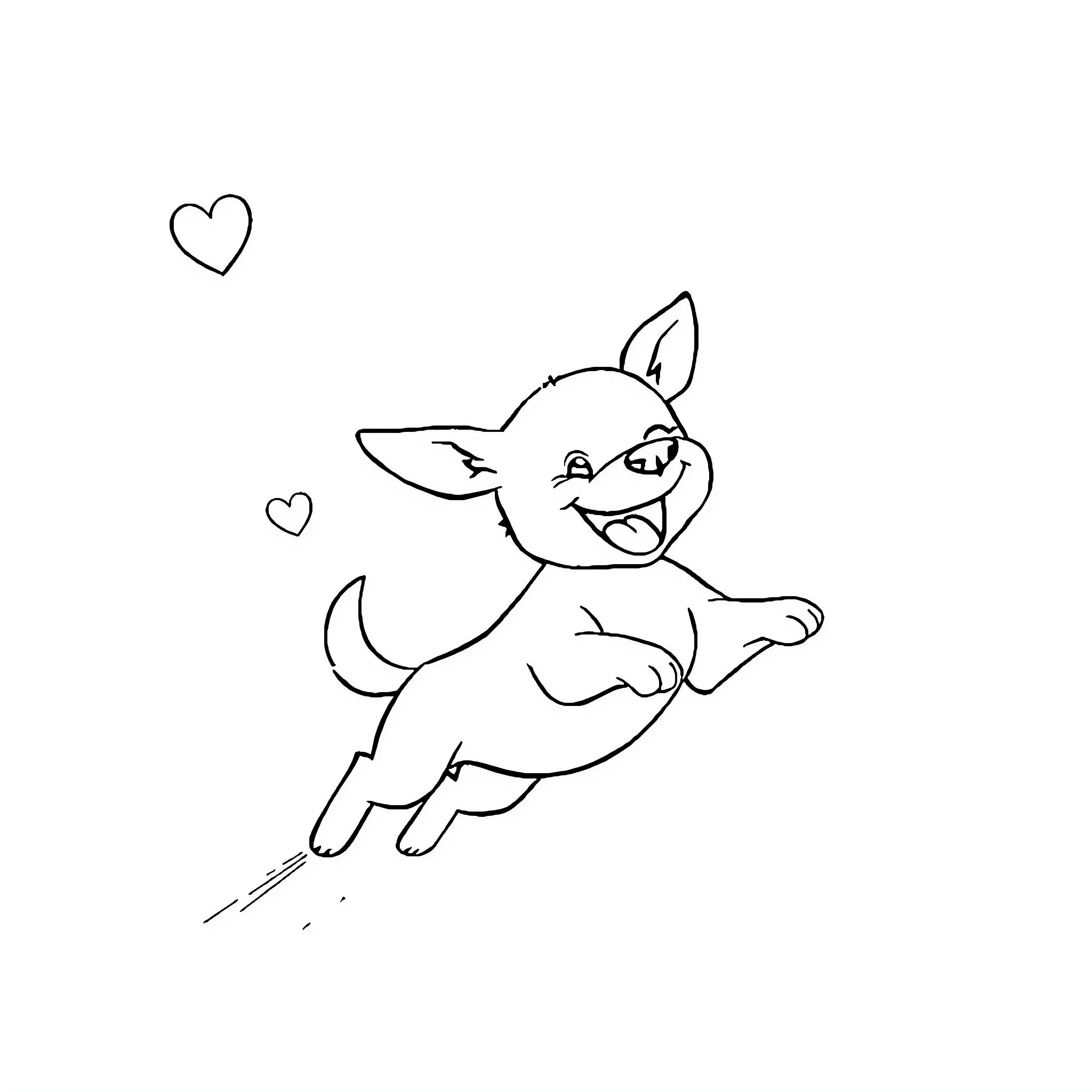 Dog joyfully jumping with hearts Coloring Page (free black-and-white line drawing printable PDF for all, from beginners to advanced learners, including children, teens, adults, and seniors)